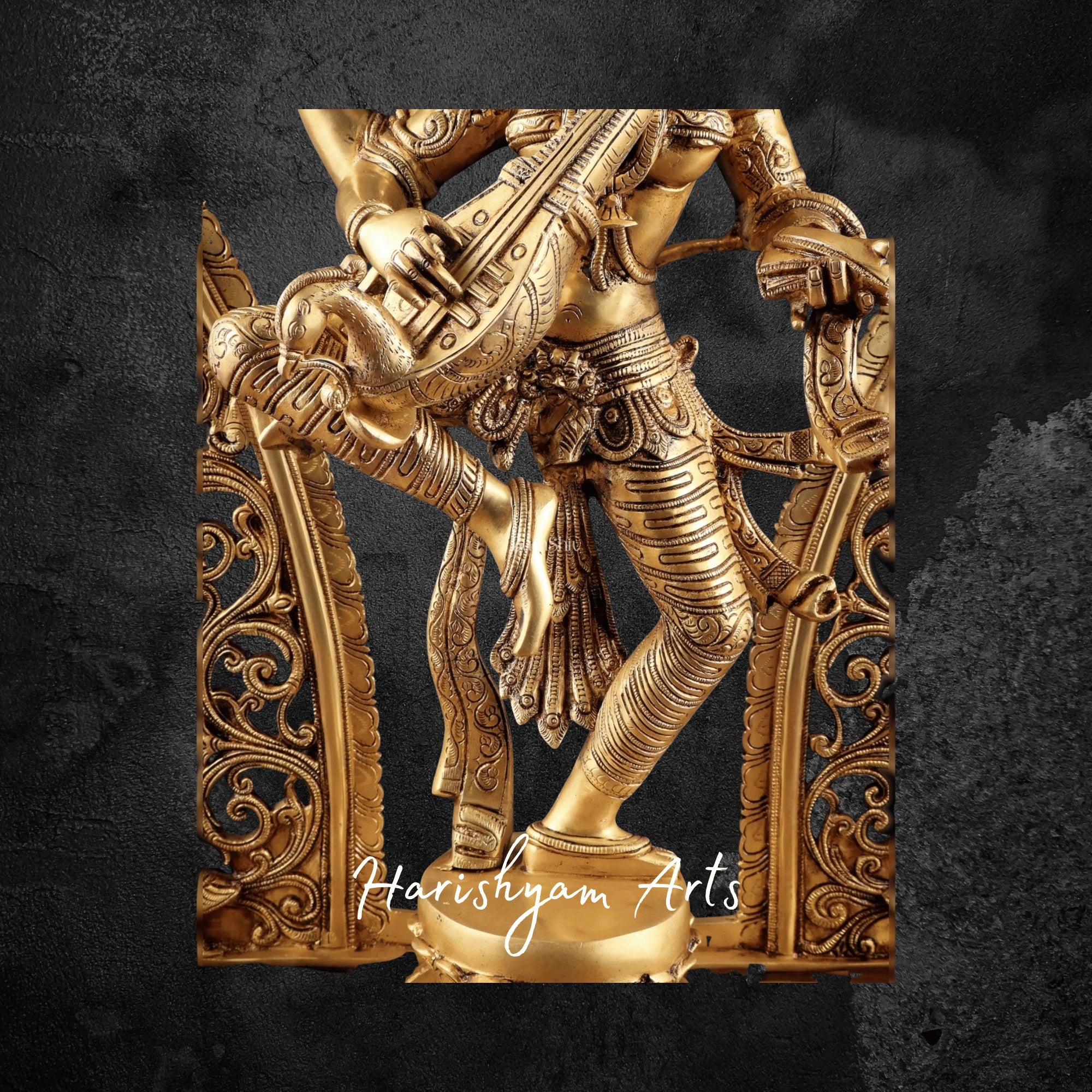33" Large Dancing Saraswati Idol in Brass with Prabhavali Backdrop Handcrafted Masterpiece