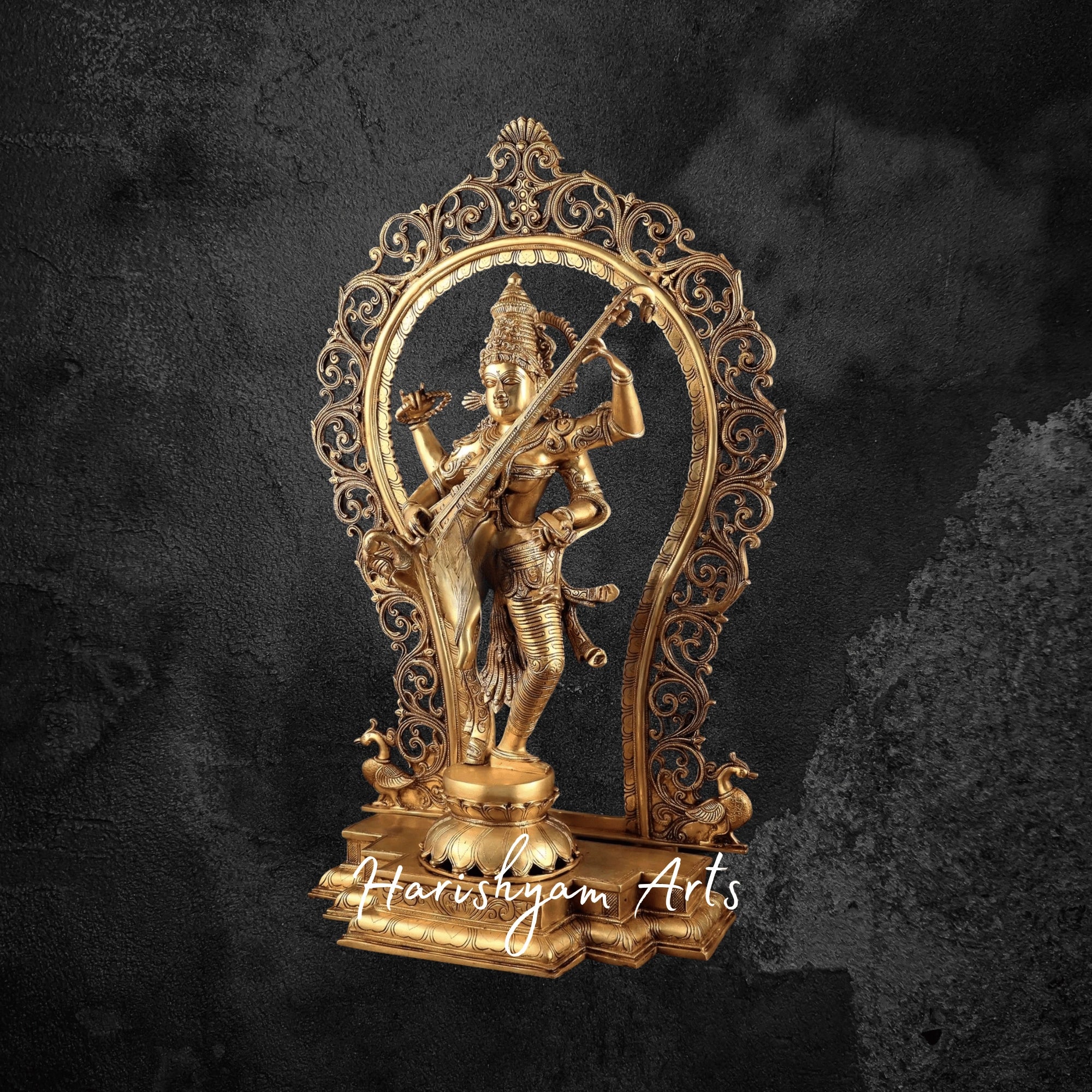 33" Large Dancing Saraswati Idol in Brass with Prabhavali Backdrop Handcrafted Masterpiece