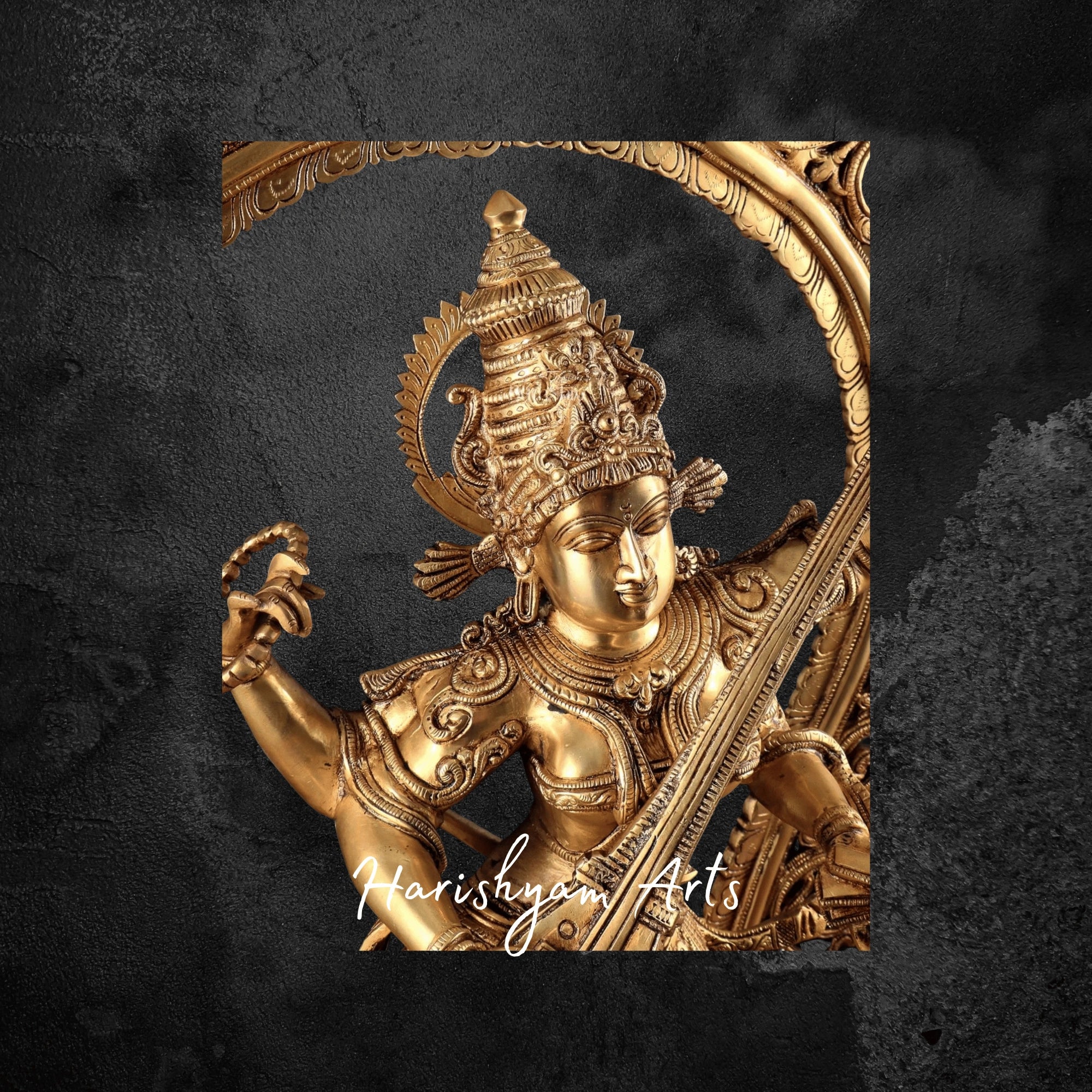 33" Large Dancing Saraswati Idol in Brass with Prabhavali Backdrop Handcrafted Masterpiece