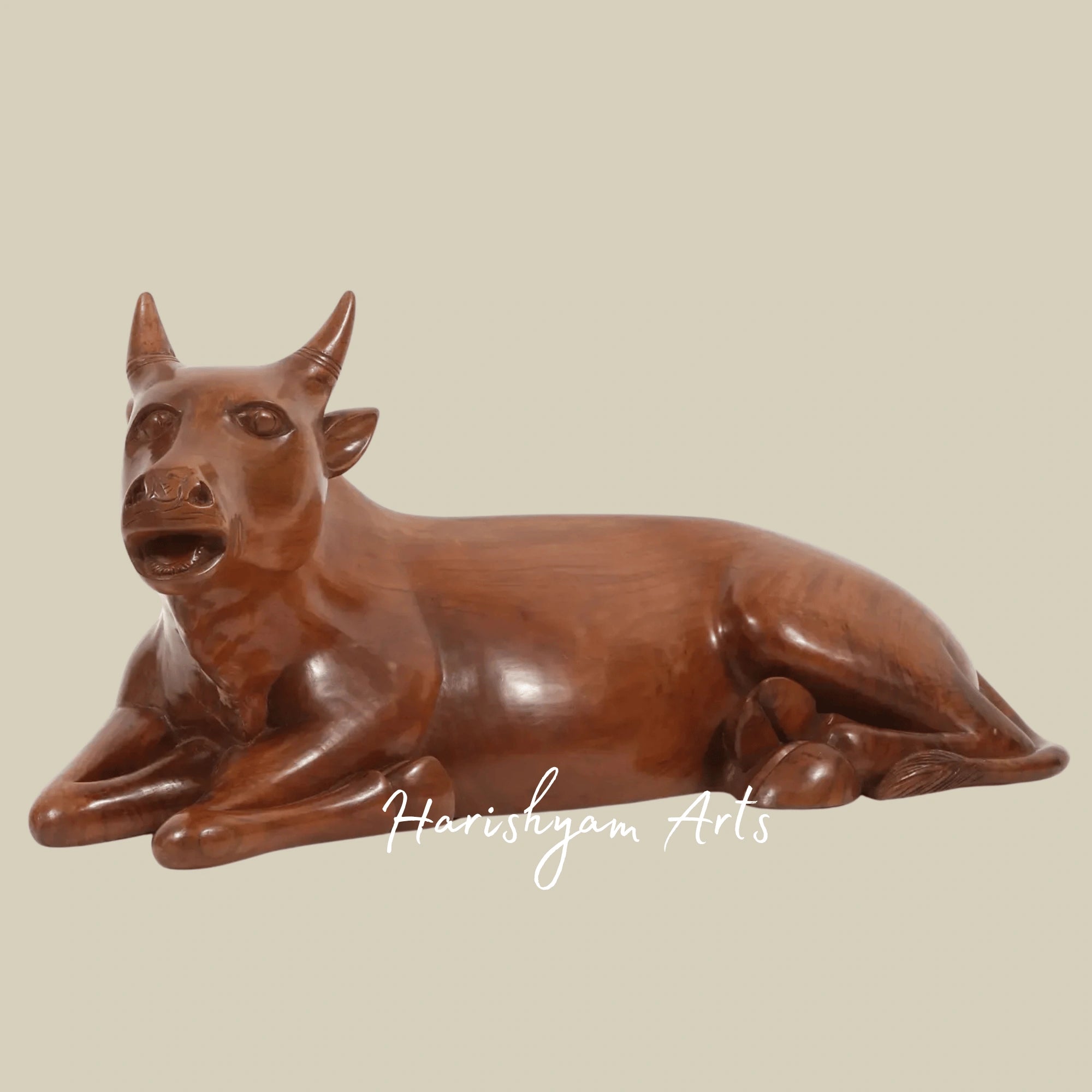 33" Large Handcrafted Wooden Sitting Cow Figurine for Home Decor