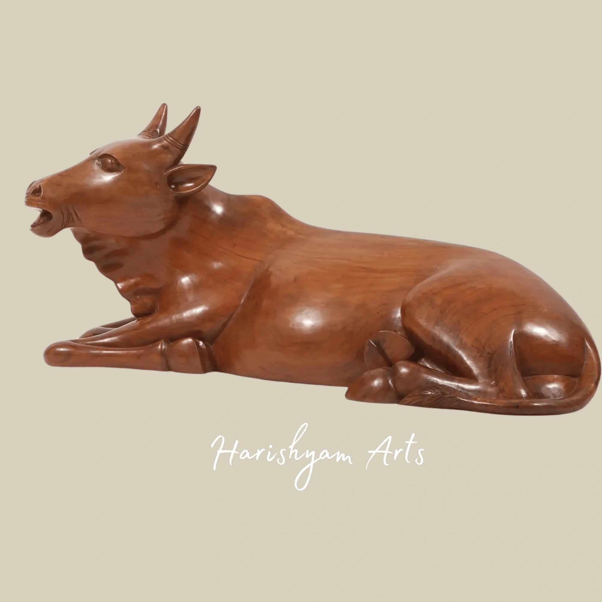 33" Large Handcrafted Wooden Sitting Cow Figurine for Home Decor