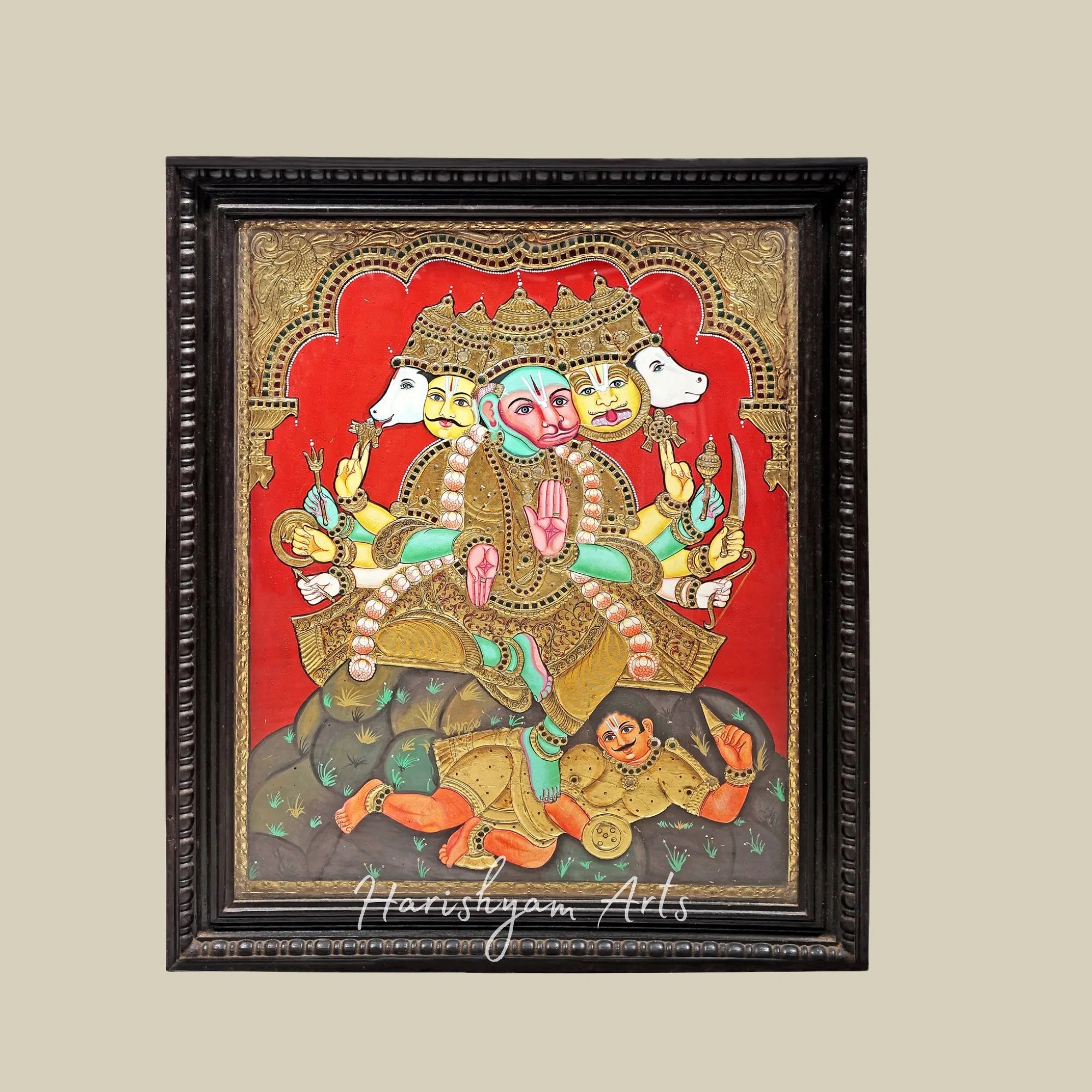 34" Ashtabhujadhari Panchamukhi Hanuman Tanjore Artwork