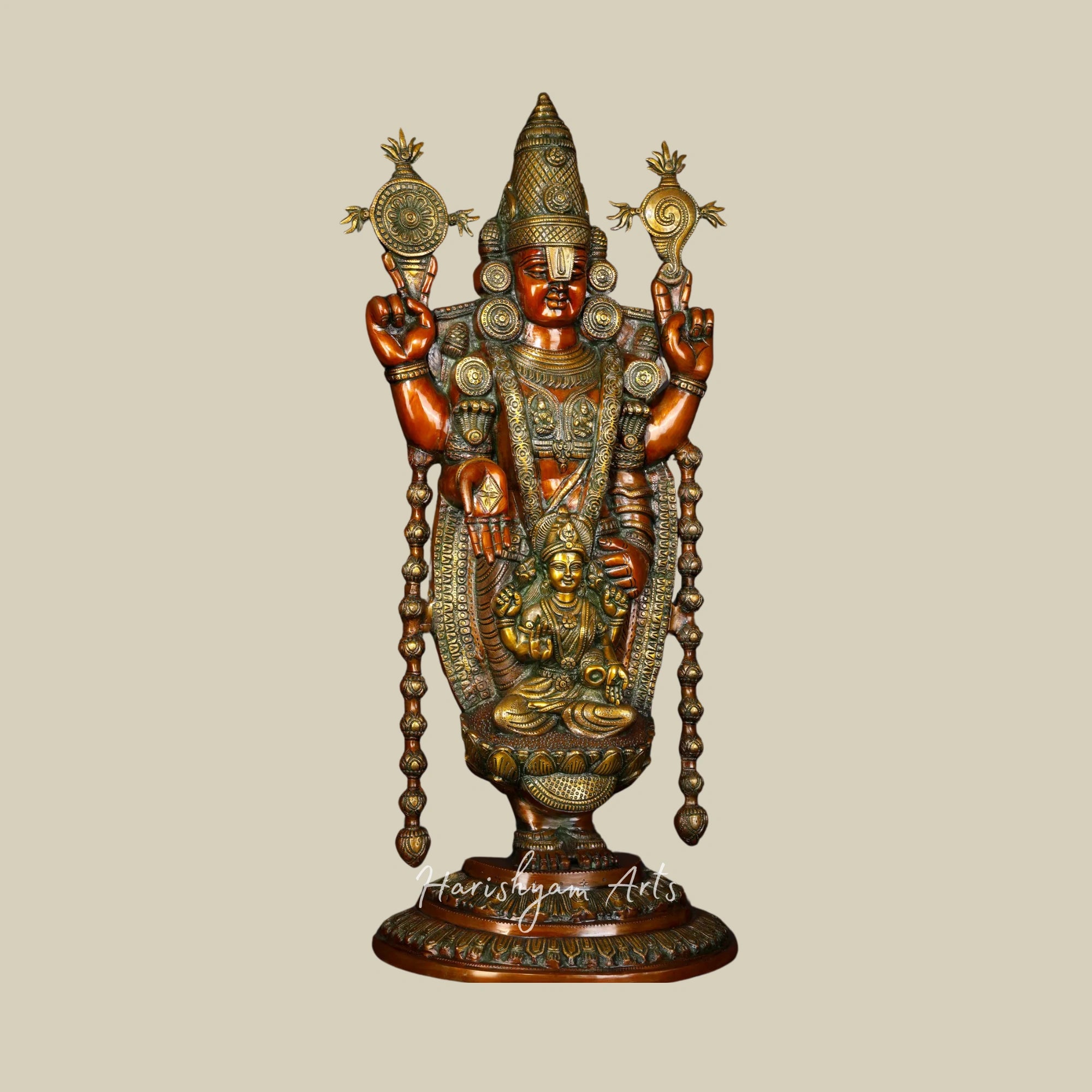 34" Brass Tirupati Balaji with Goddess Lakshmi Statue for Pooja and Worship