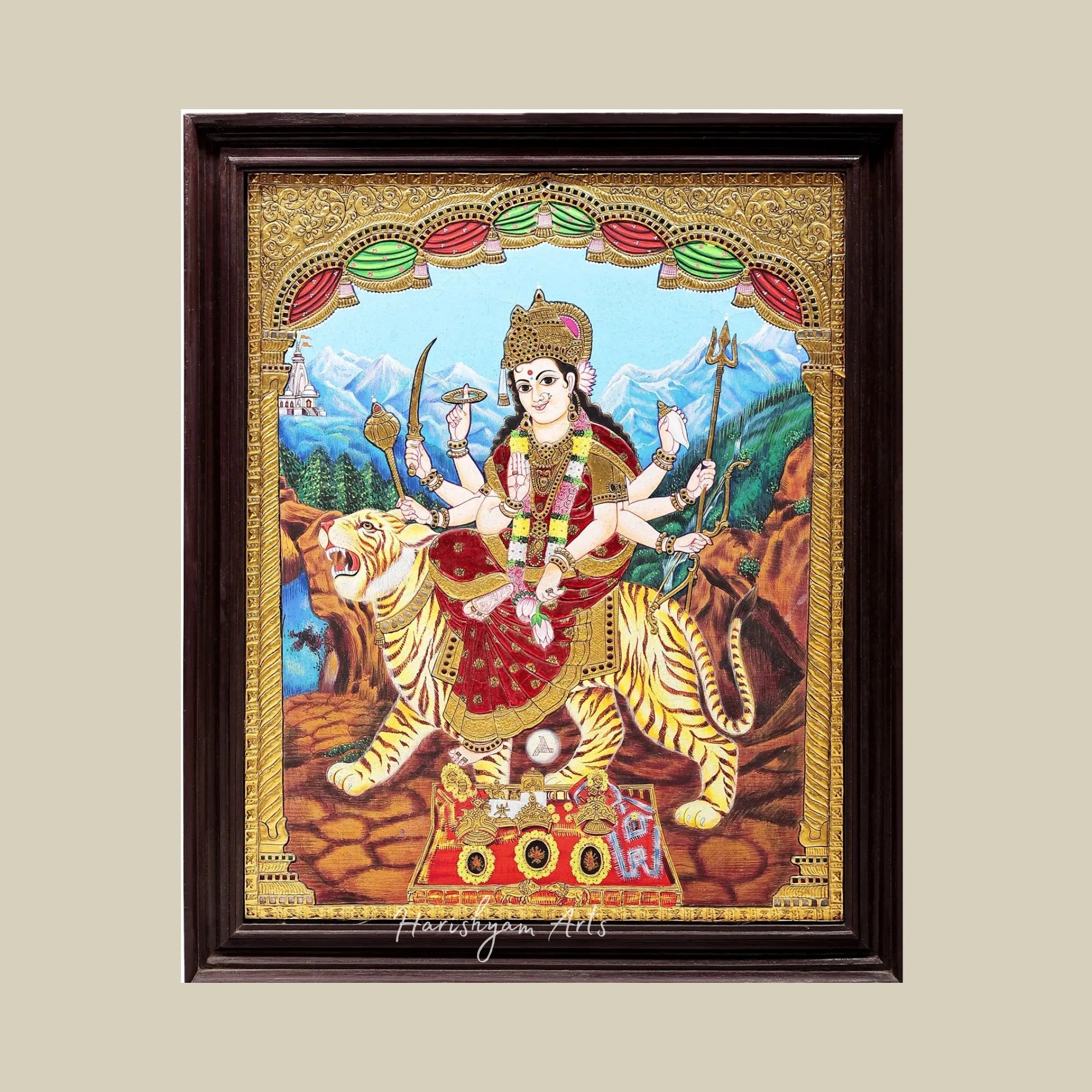 34" Goddess Durga Tanjore Painting with Premium Quality Teakwood Frame