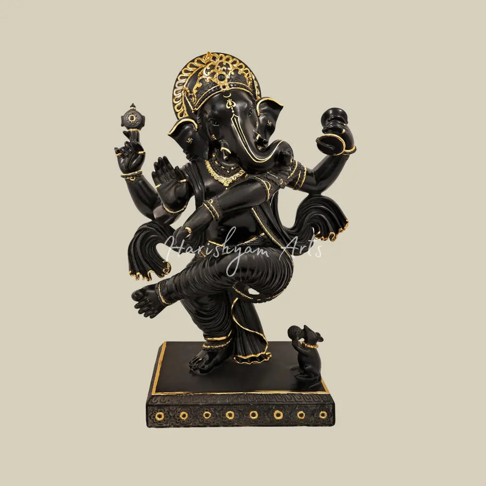 34" Large Superfine Black Marble Dancing Ganesha Statue