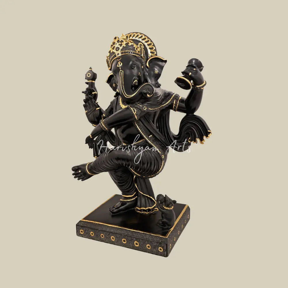 34" Large Superfine Black Marble Dancing Ganesha Statue