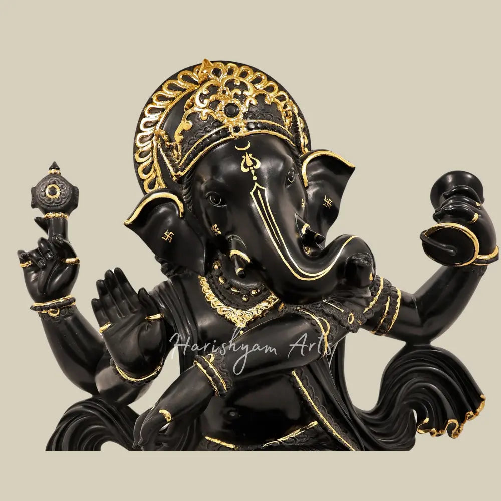 34" Large Superfine Black Marble Dancing Ganesha Statue