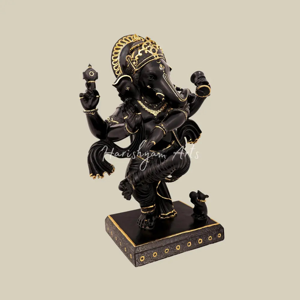 34" Large Superfine Black Marble Dancing Ganesha Statue