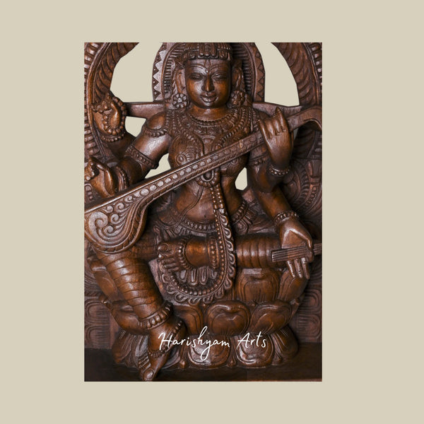 35.5 Hand Carved Saraswati Sculpture Seated on Double Petal Kamalam with Prabahavali