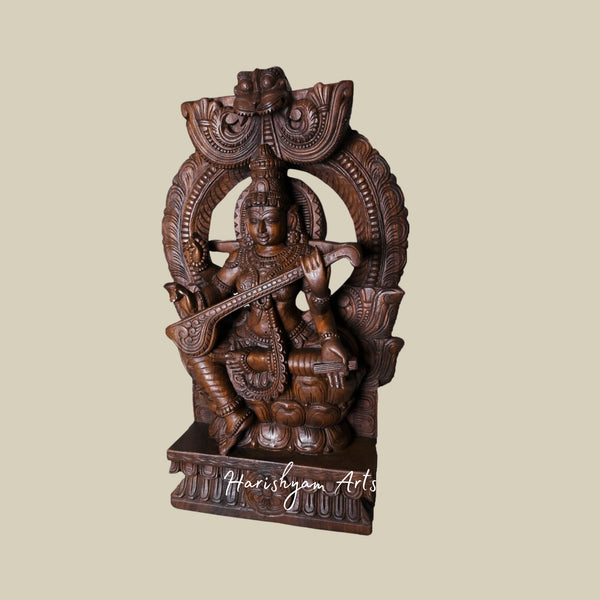 35.5 Hand Carved Saraswati Sculpture Seated on Double Petal Kamalam with Prabahavali