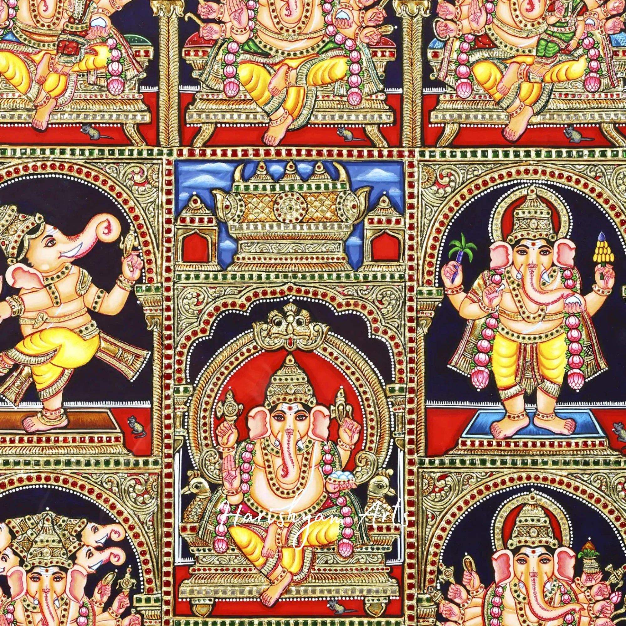 35" Ashta Ganapati Tanjore Painting with Intricate Gold Accents