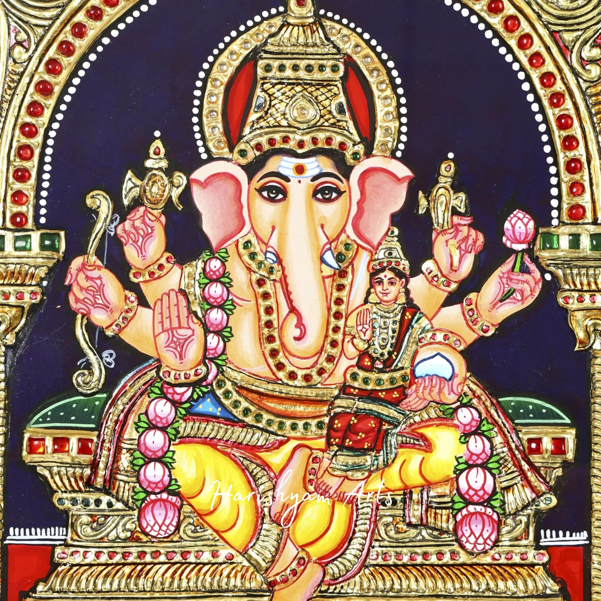 35" Ashta Ganapati Tanjore Painting with Intricate Gold Accents1