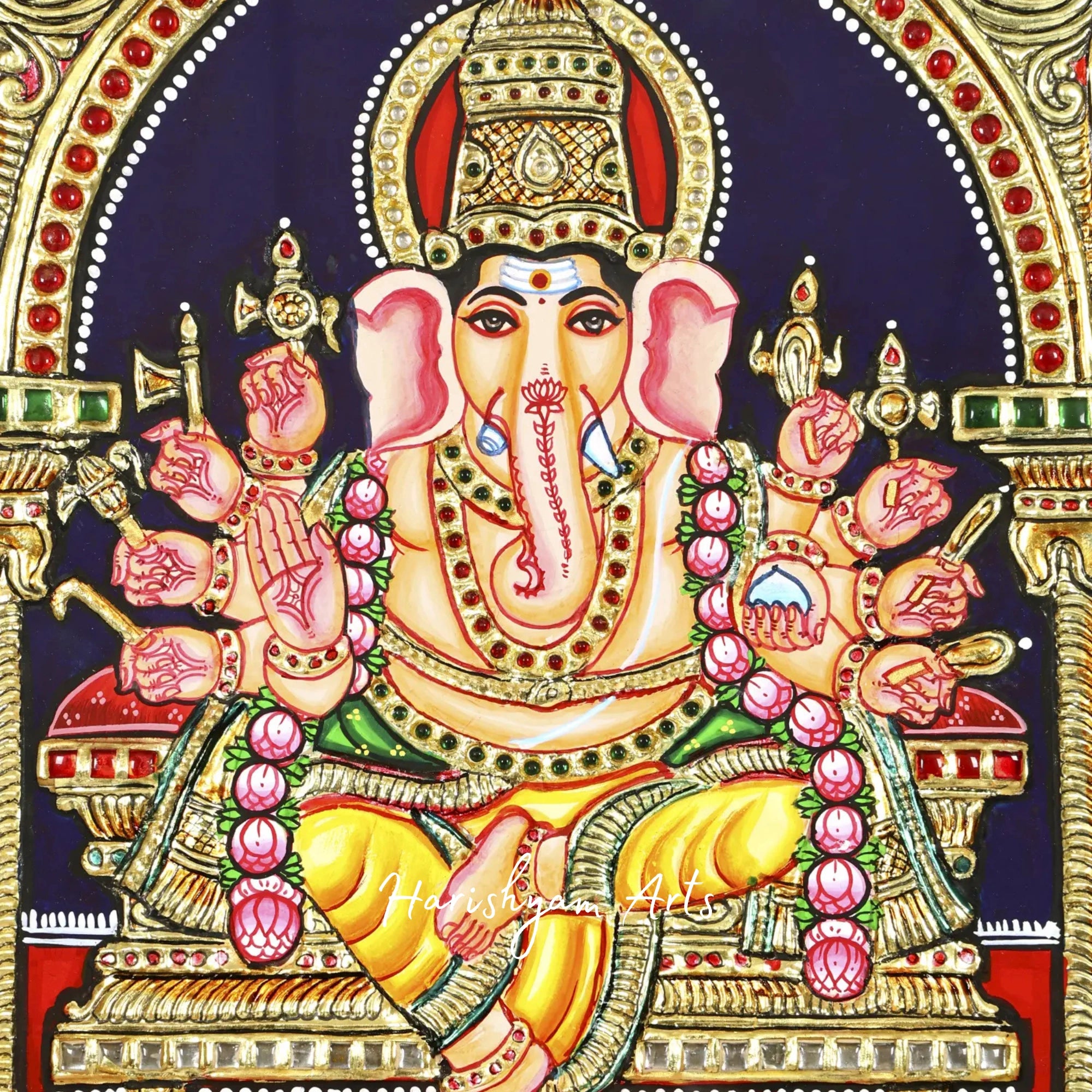 35" Ashta Ganapati Tanjore Painting with Intricate Gold Accents2