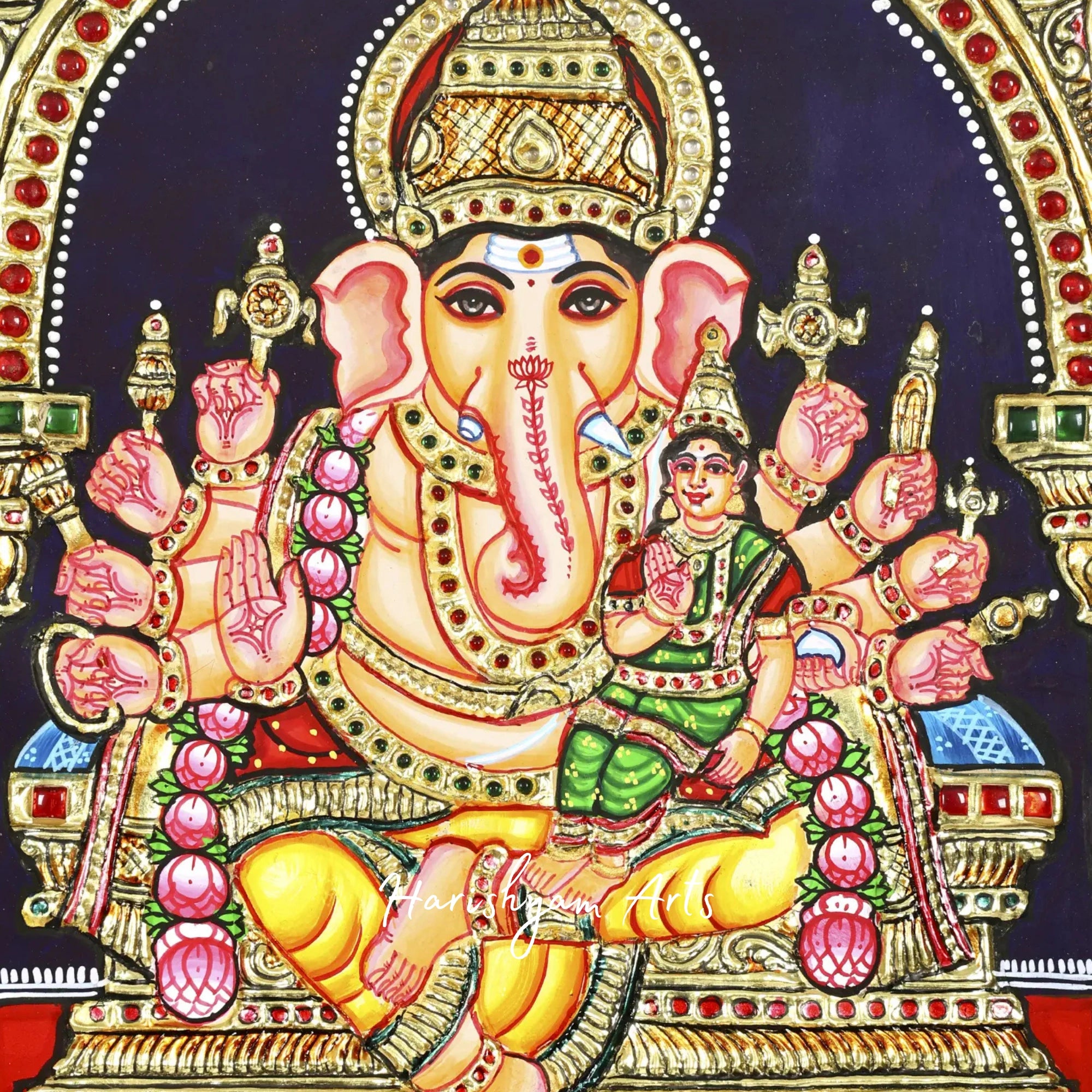 35" Ashta Ganapati Tanjore Painting with Intricate Gold Accents3