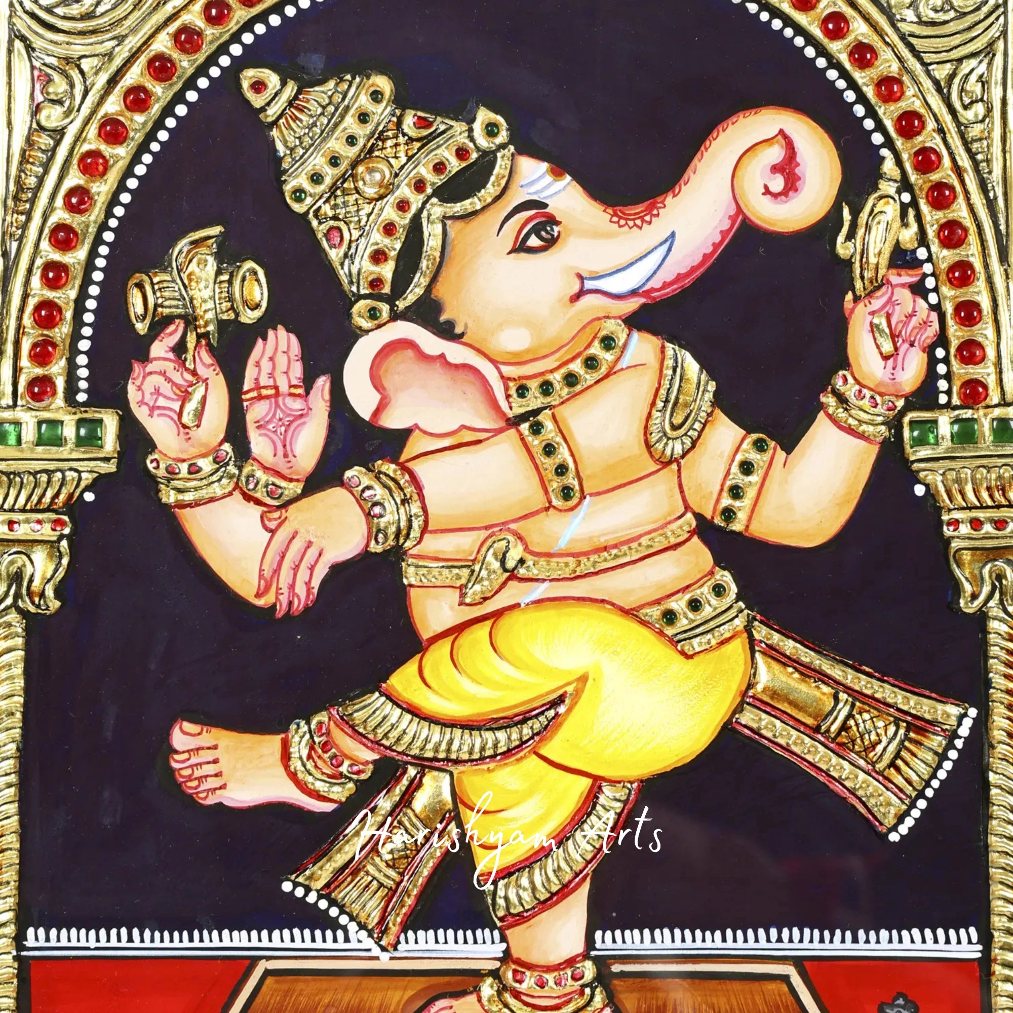 35" Ashta Ganapati Tanjore Painting with Intricate Gold Accents4