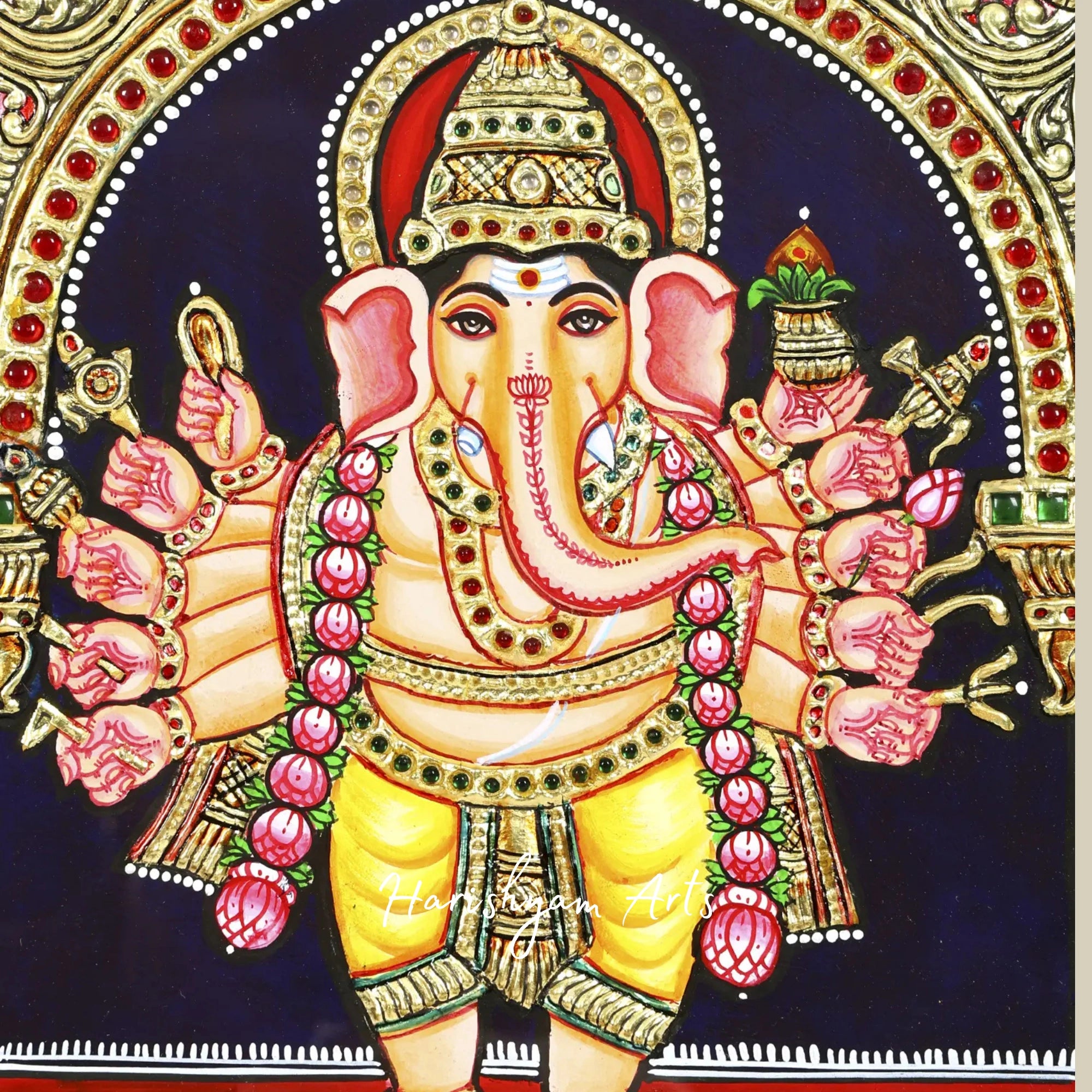 35" Ashta Ganapati Tanjore Painting with Intricate Gold Accents8