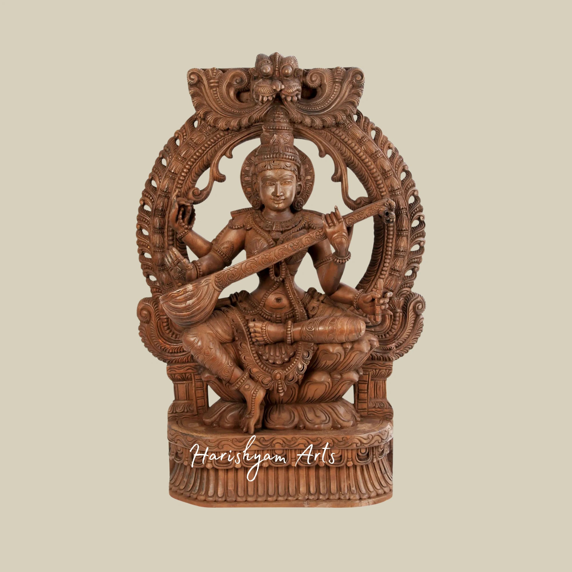 35"Ethnic Wooden Saraswati Deity Sculpture Seated on Lotus with Kirtimukha