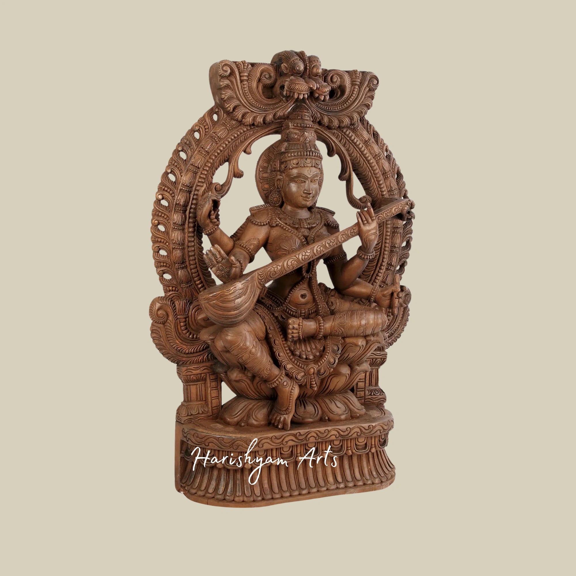 35"Ethnic Wooden Saraswati Deity Sculpture Seated on Lotus with Kirtimukha3