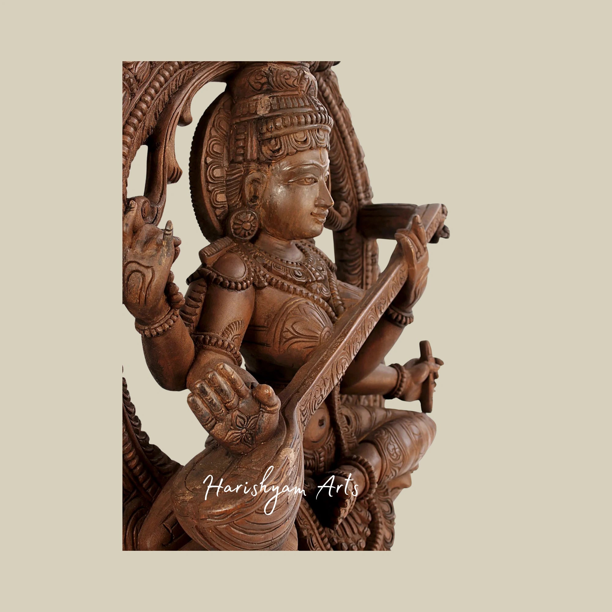 35"Ethnic Wooden Saraswati Deity Sculpture Seated on Lotus with Kirtimukha4