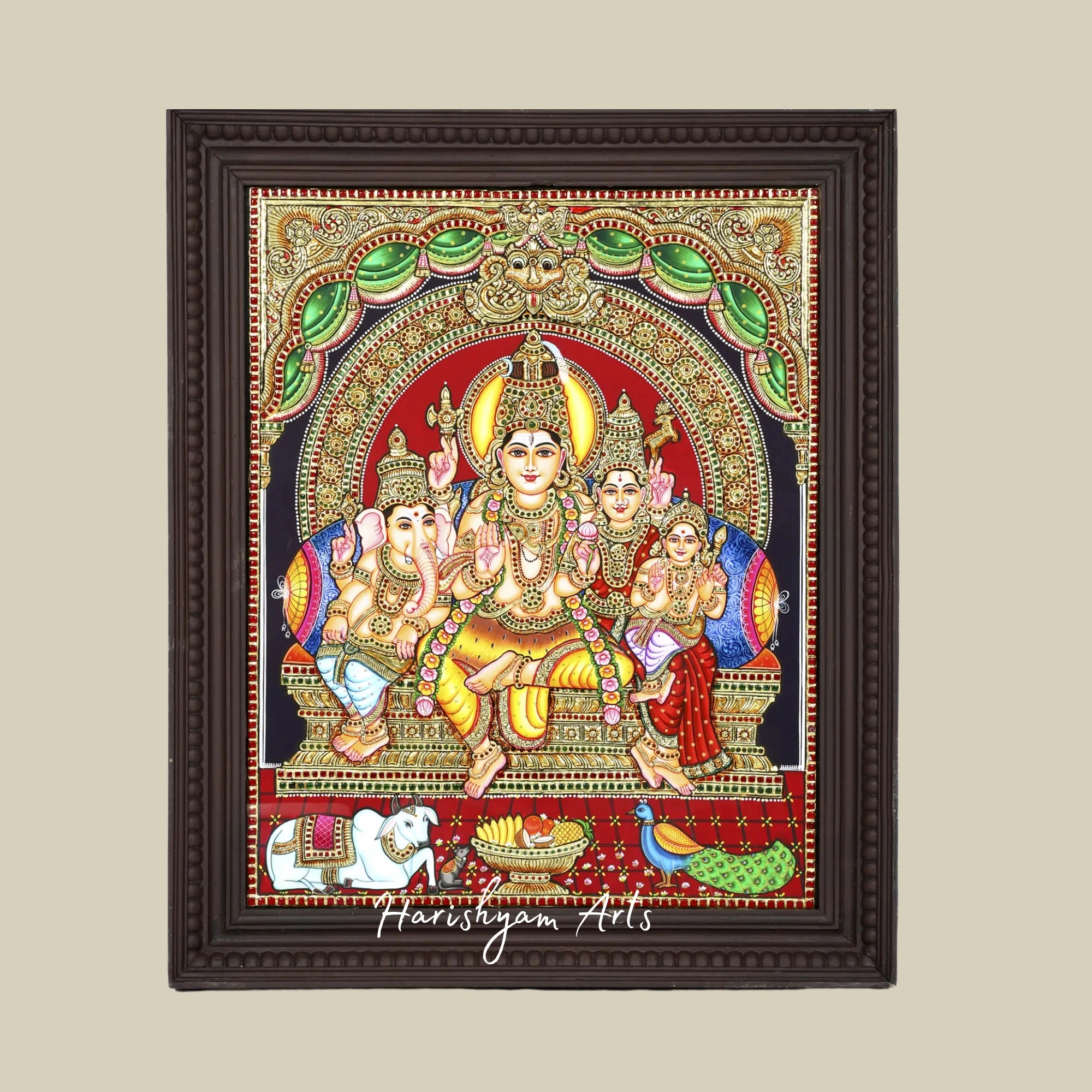 35" Lord Shiva Family Tanjore Painting with 24K Gold Work and Teakwood Frame