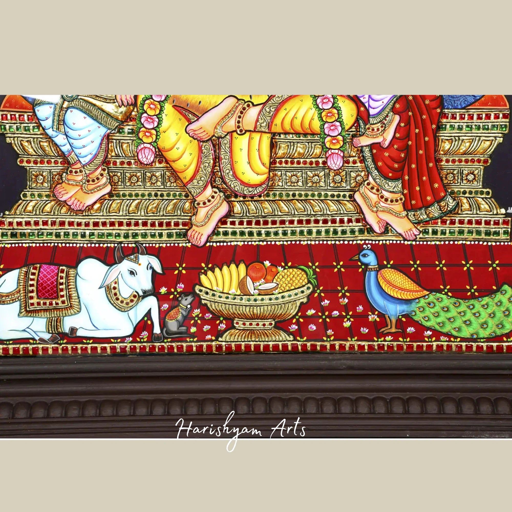 35" Lord Shiva Family Tanjore Painting with 24K Gold Work and Teakwood Frame