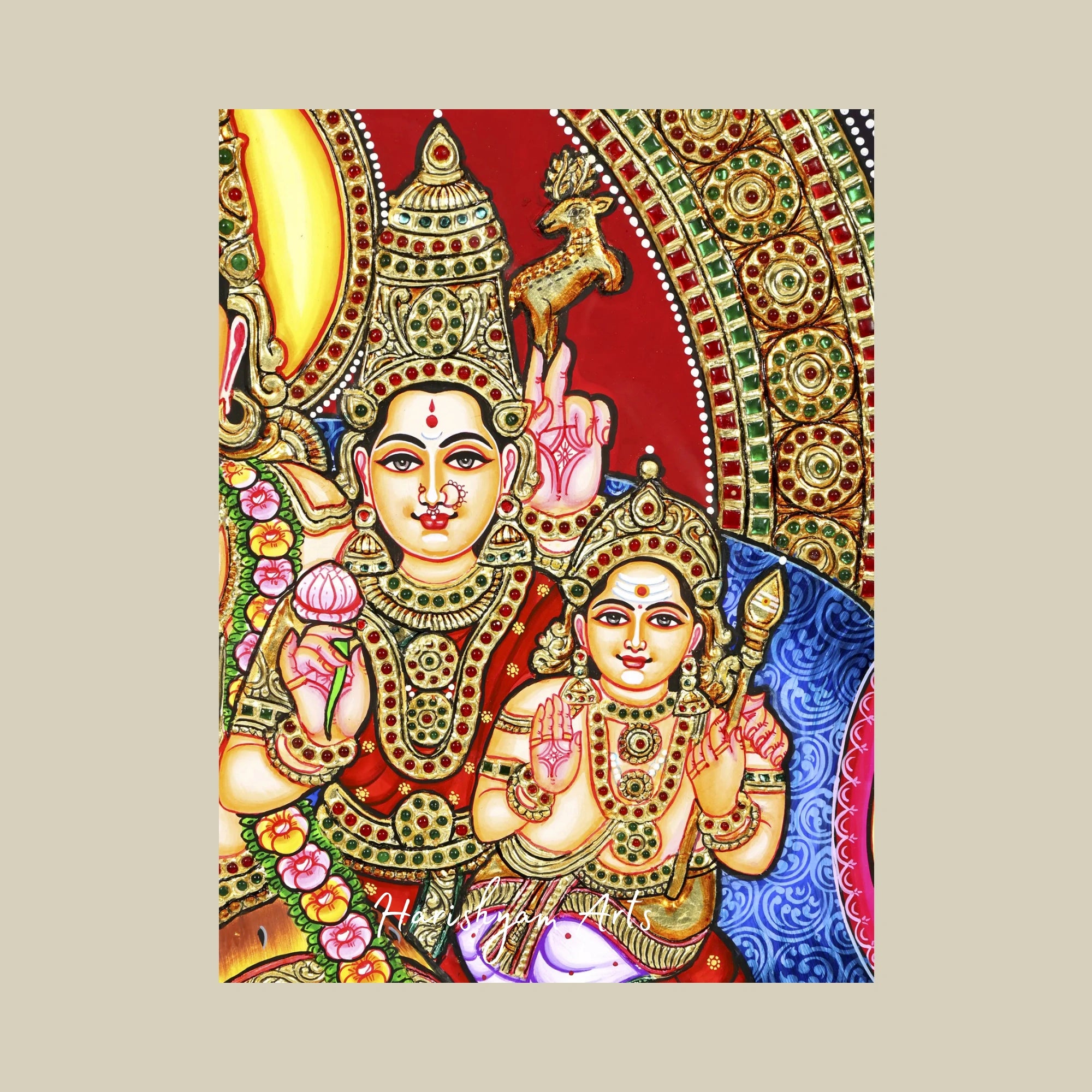 35" Lord Shiva Family Tanjore Painting with 24K Gold Work and Teakwood Frame