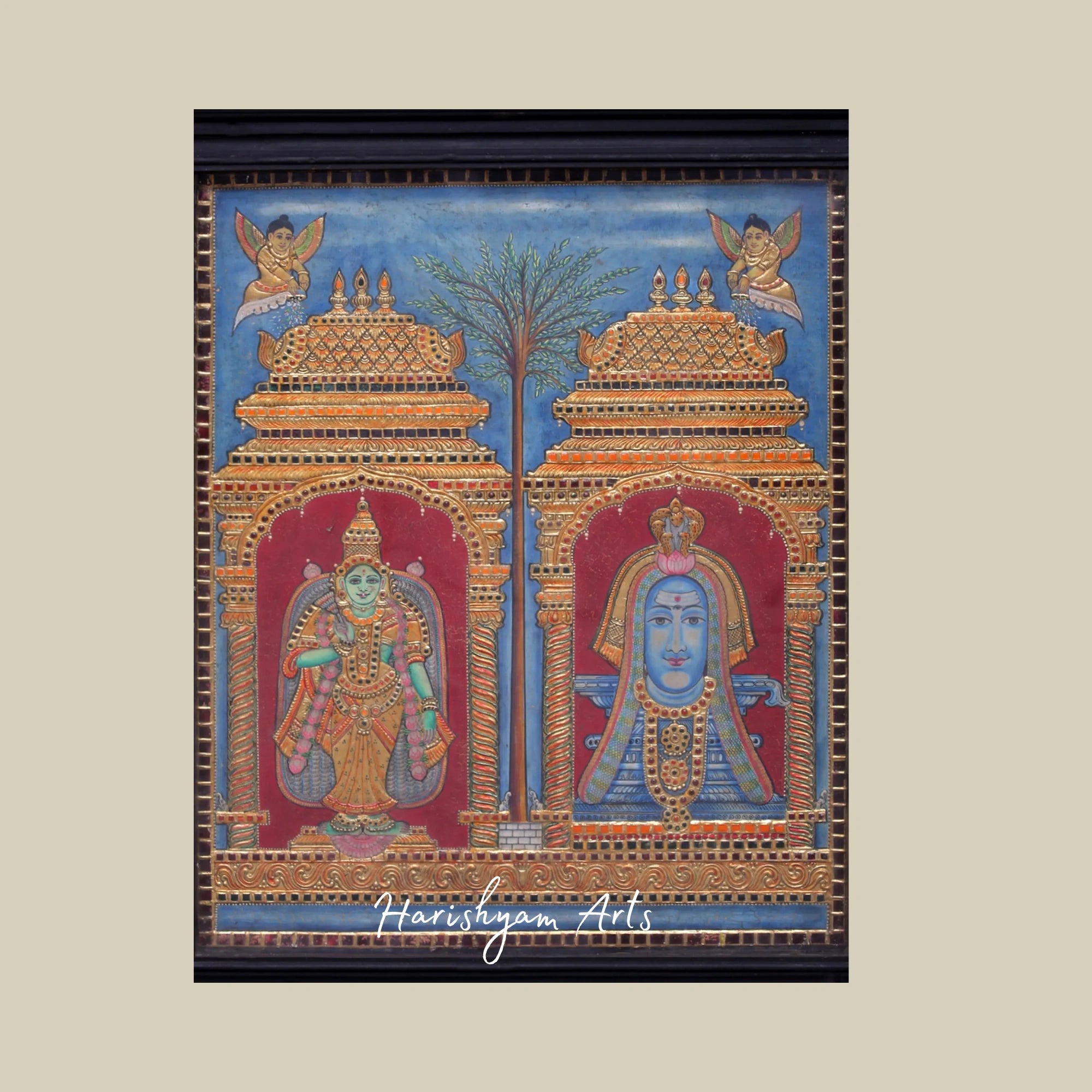 35" Majestic Lord Shiva and Devi Parvati Large Tanjore Painting with Intricate Detailing