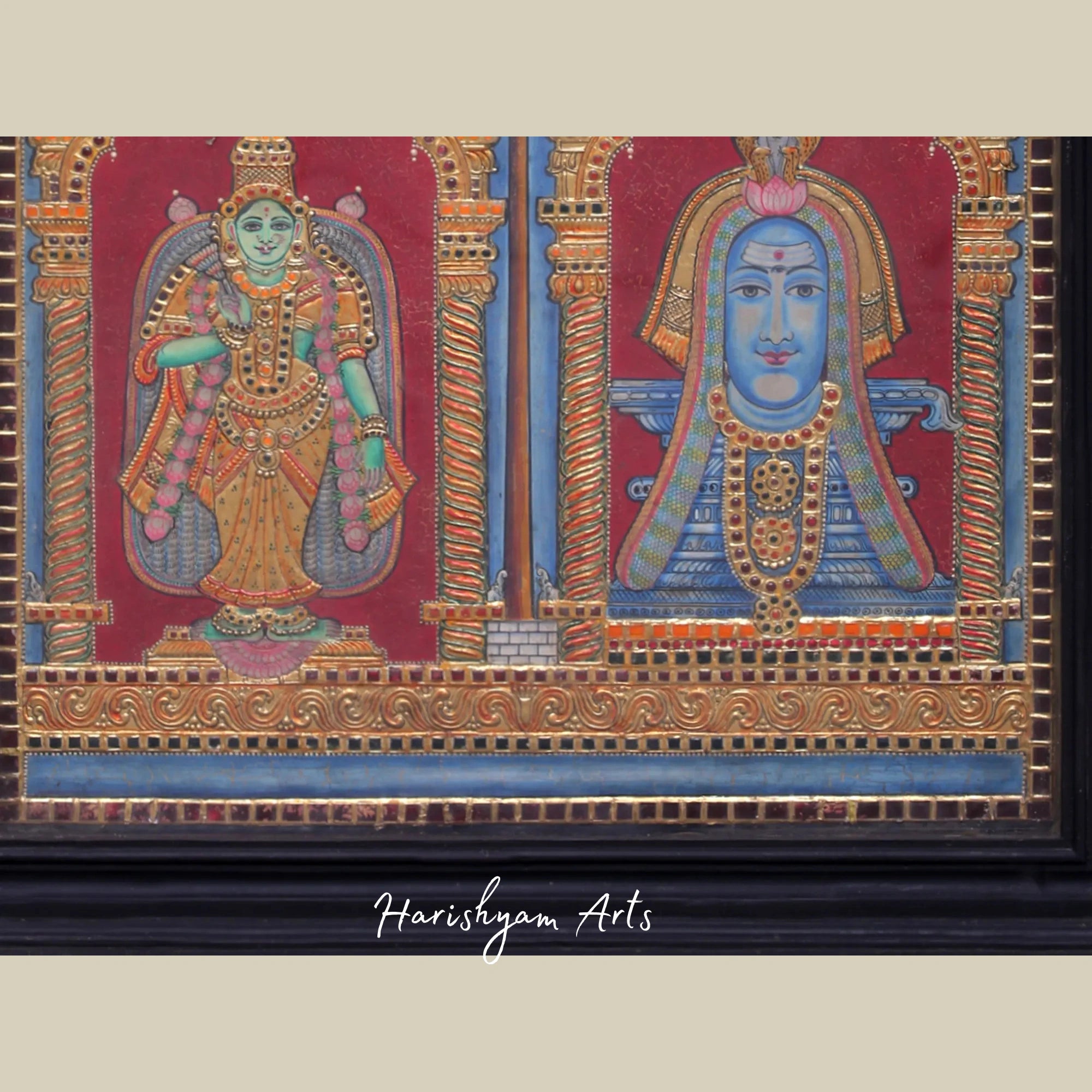 35" Majestic Lord Shiva and Devi Parvati Large Tanjore Painting with Intricate Detailing