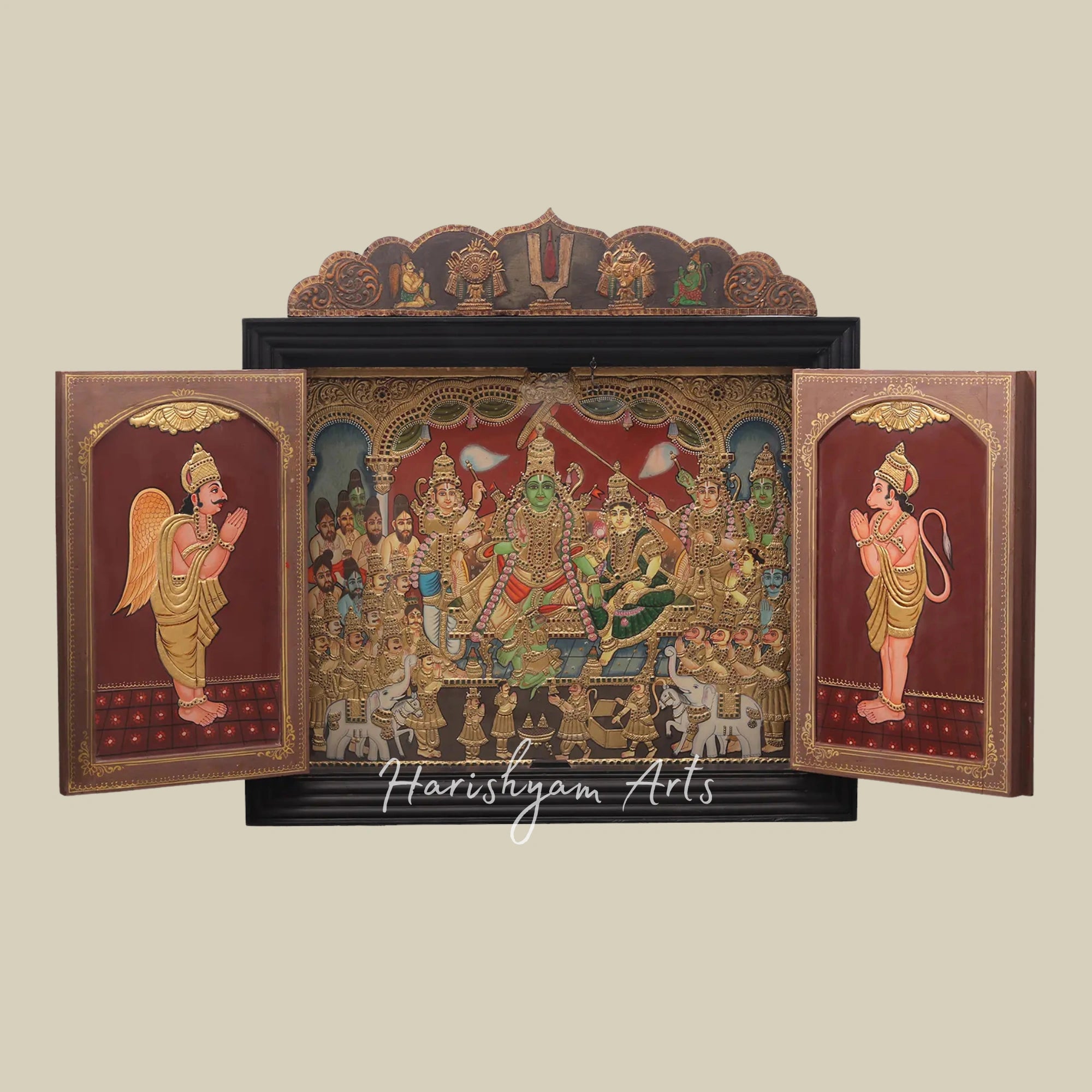 35" Shri Ram Darbar Tanjore Painting with Ornate Temple Design and Wooden Doors