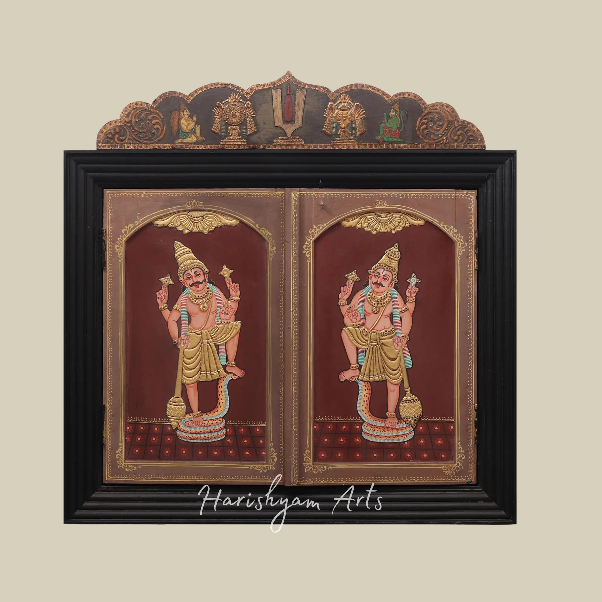 35" Shri Ram Darbar Tanjore Painting with Ornate Temple Design and Wooden Doors