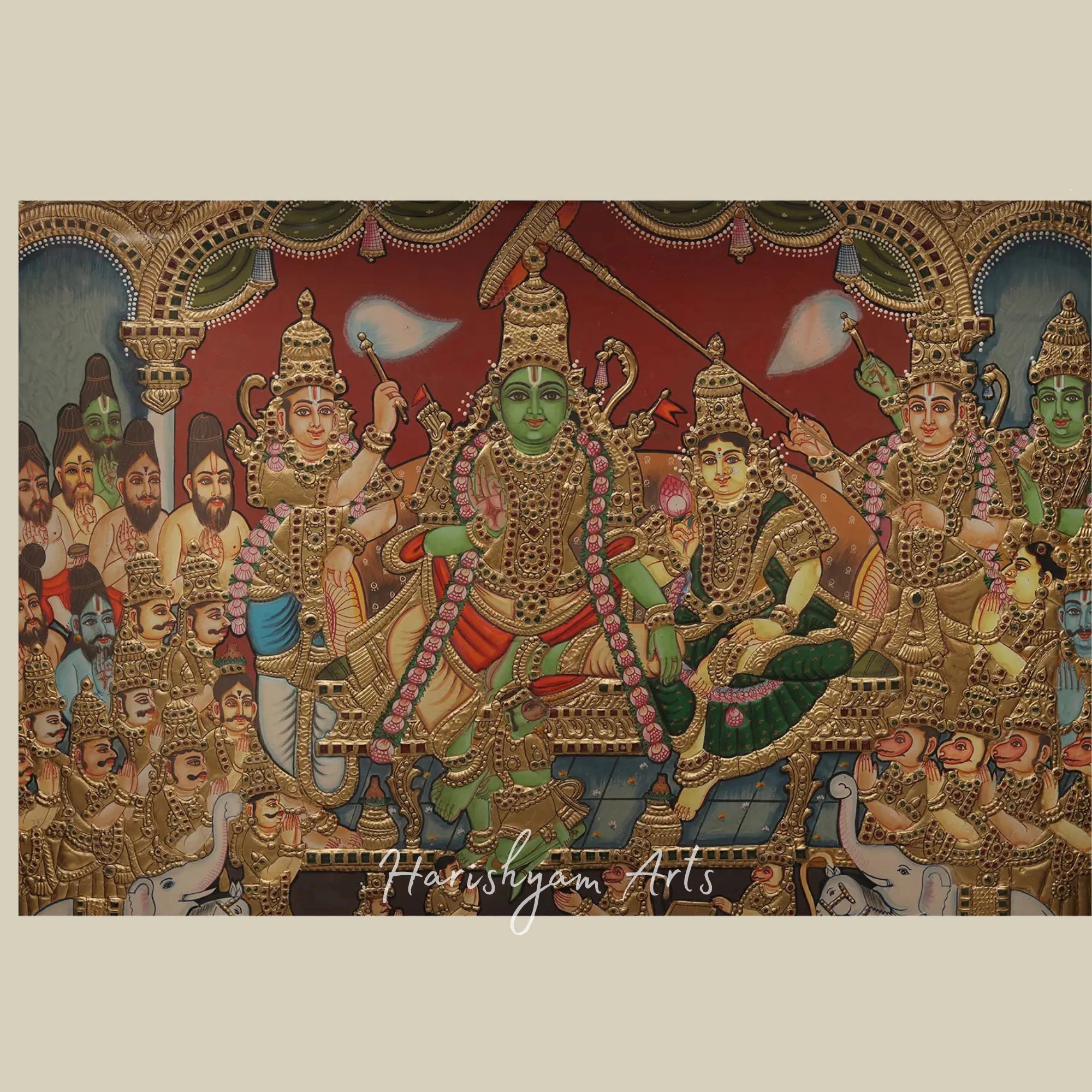 35" Shri Ram Darbar Tanjore Painting with Ornate Temple Design and Wooden Doors