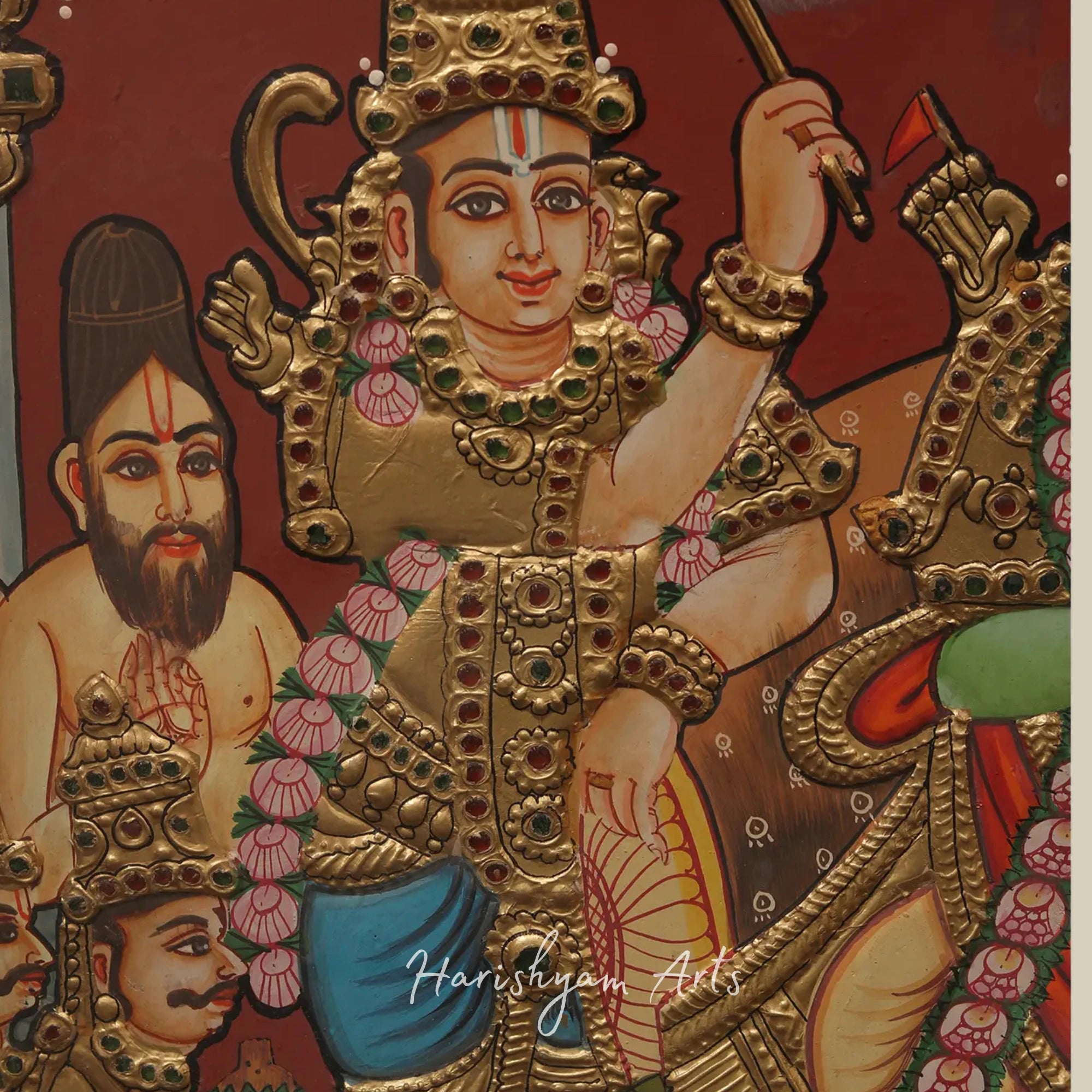 35" Shri Ram Darbar Tanjore Painting with Ornate Temple Design and Wooden Doors