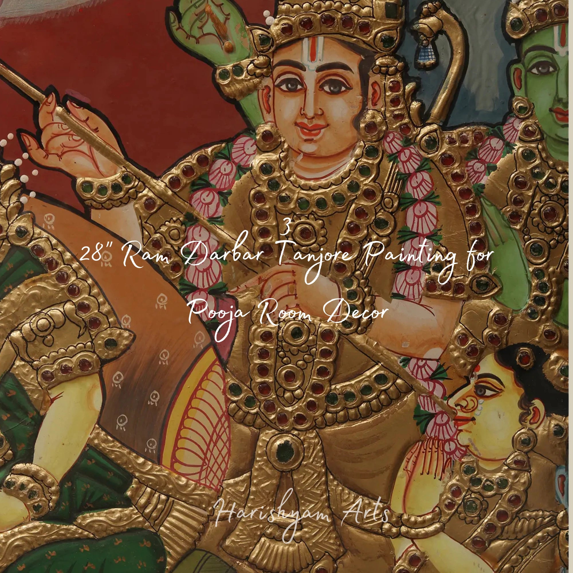 35" Shri Ram Darbar Tanjore Painting with Ornate Temple Design and Wooden Doors