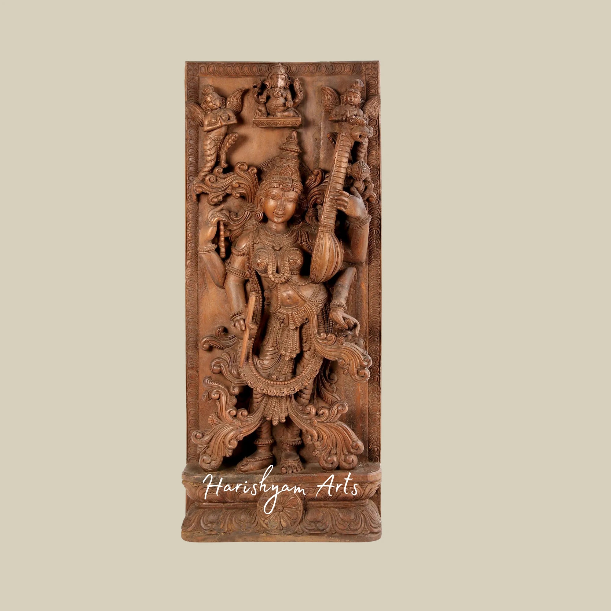 35" Wooden Saraswati Idol for Worship Large Standing Devi Saraswati Wall Panel