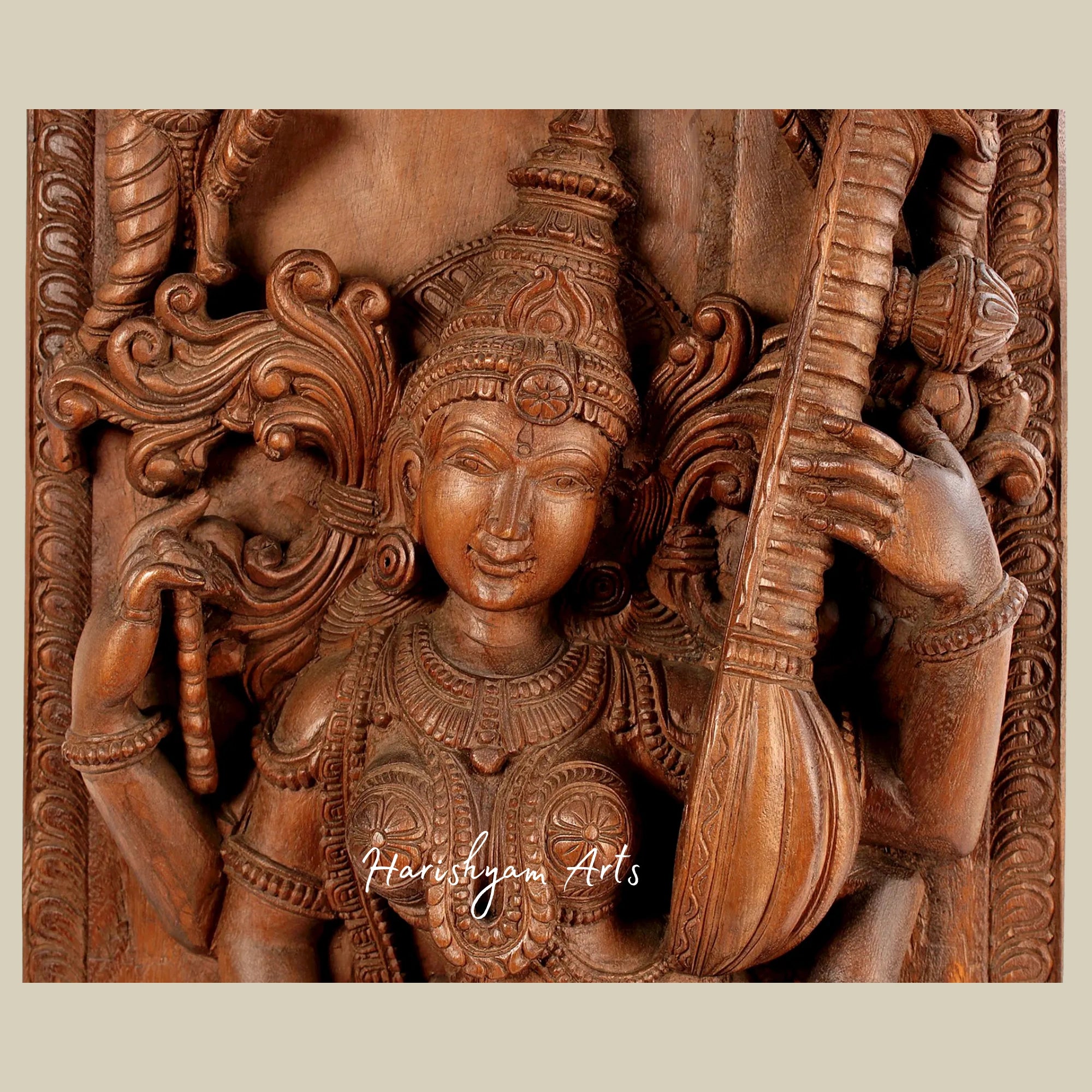 35" Wooden Saraswati Idol for Worship Large Standing Devi Saraswati Wall Panel6