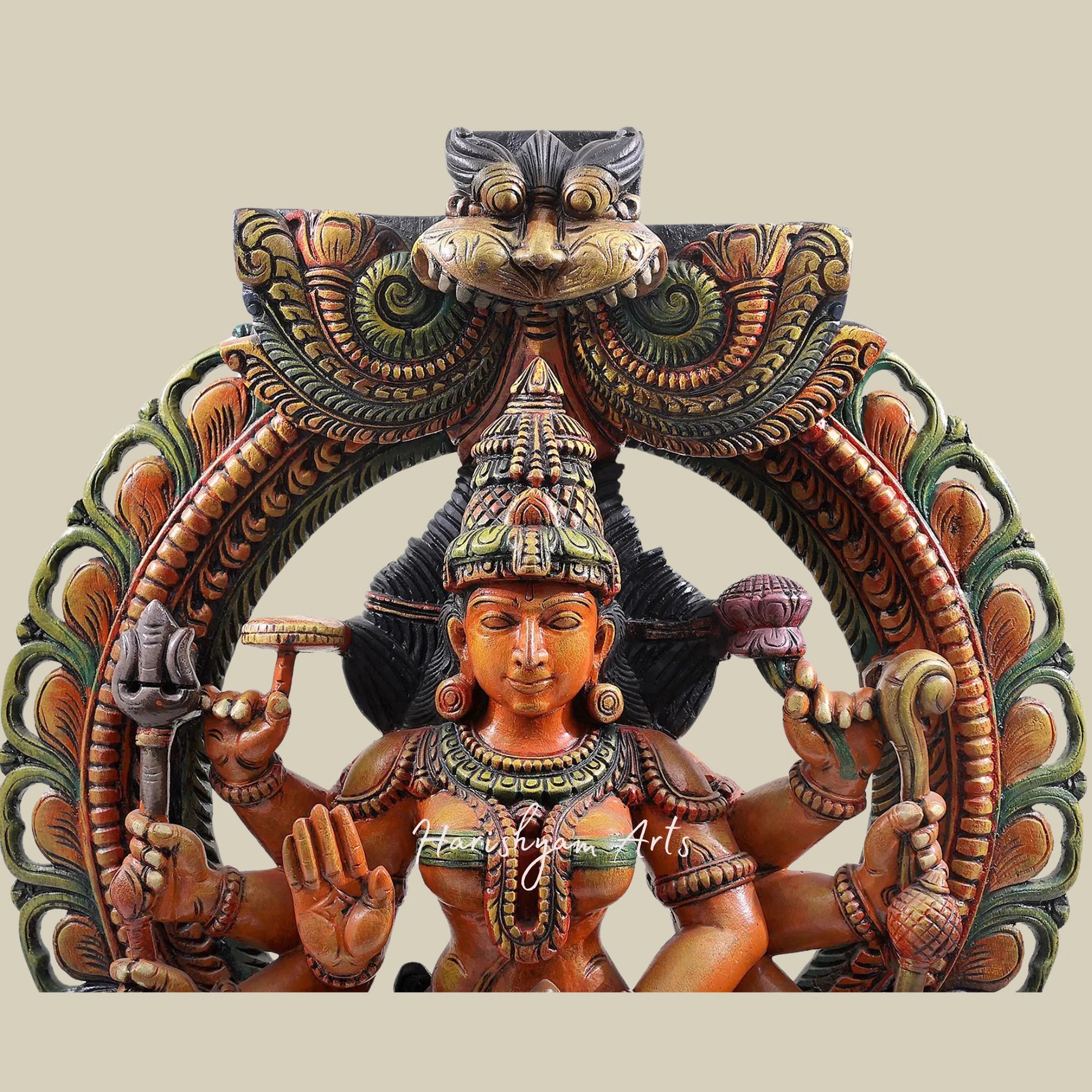 36" Aashirvada Devi Durga with Intricate Aureole Artistic Wooden Durga Murti for Temple2