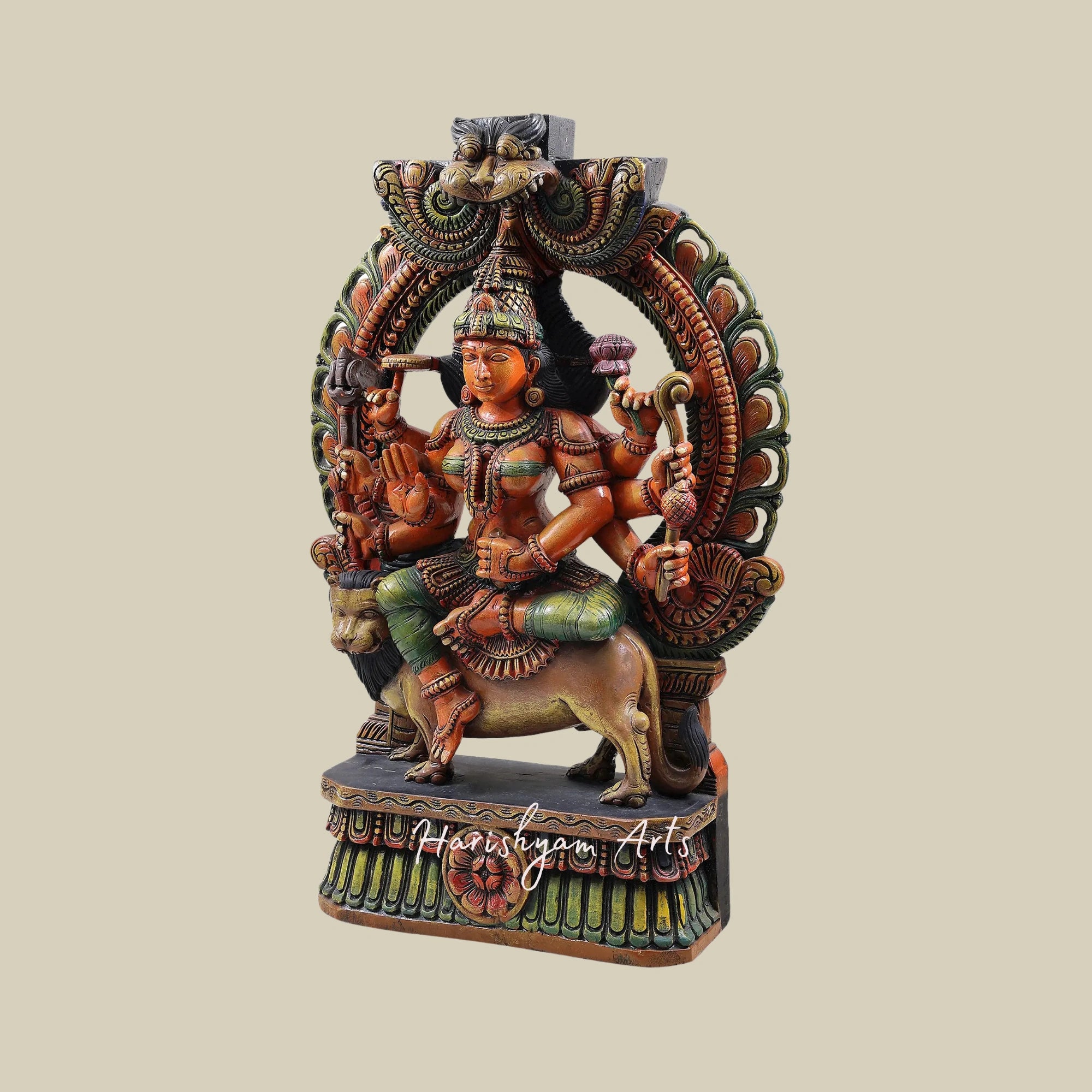 36" Aashirvada Devi Durga with Intricate Aureole Artistic Wooden Durga Murti for Temple4