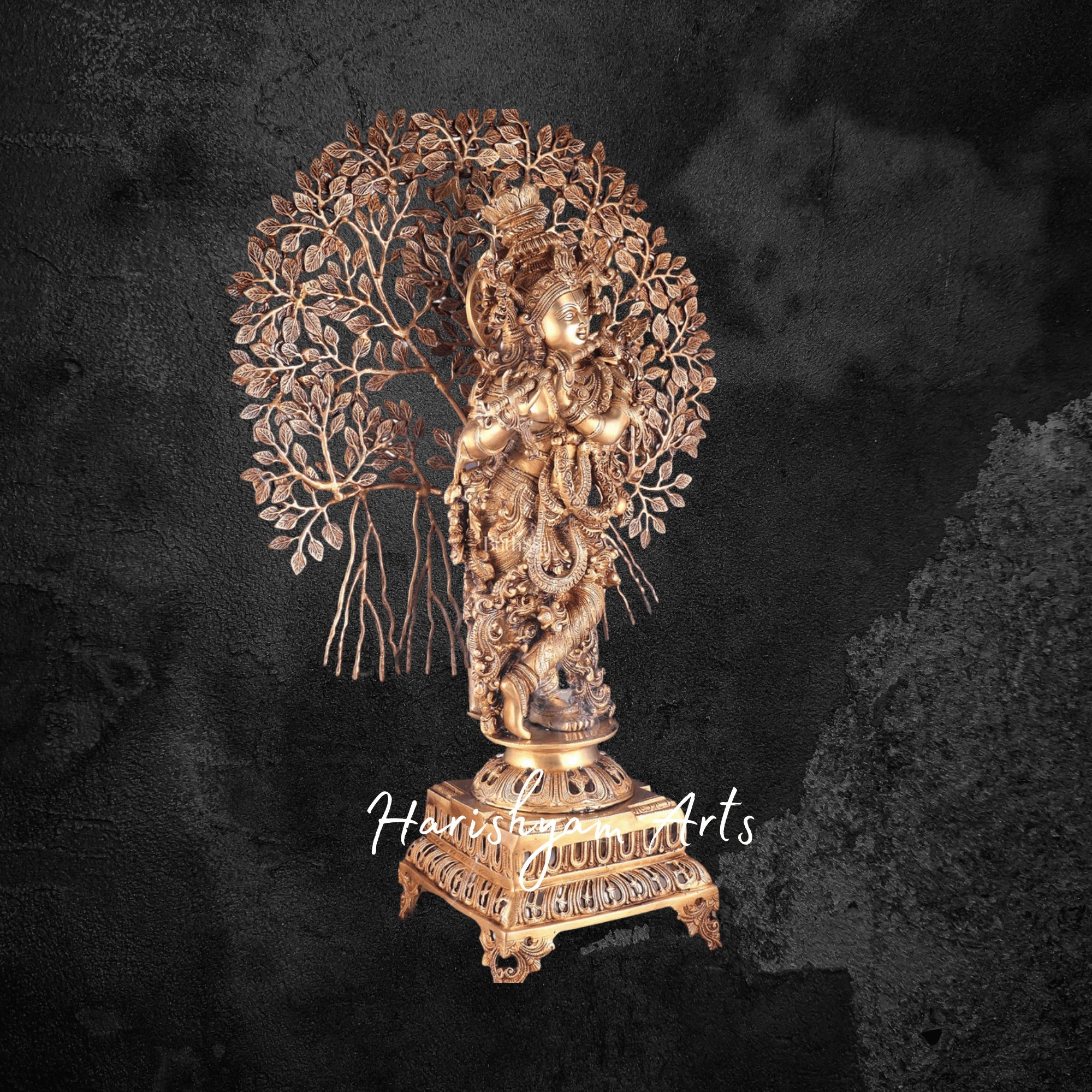 37" Elegant Brass Krishna Statue with Kalpavriksha Tree in Black Finish