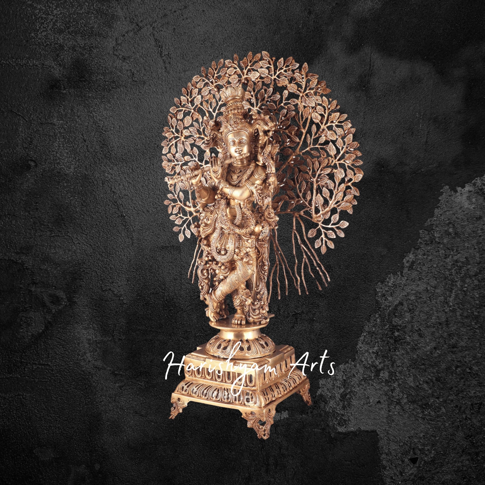 37" Elegant Brass Krishna Statue with Kalpavriksha Tree in Black Finish
