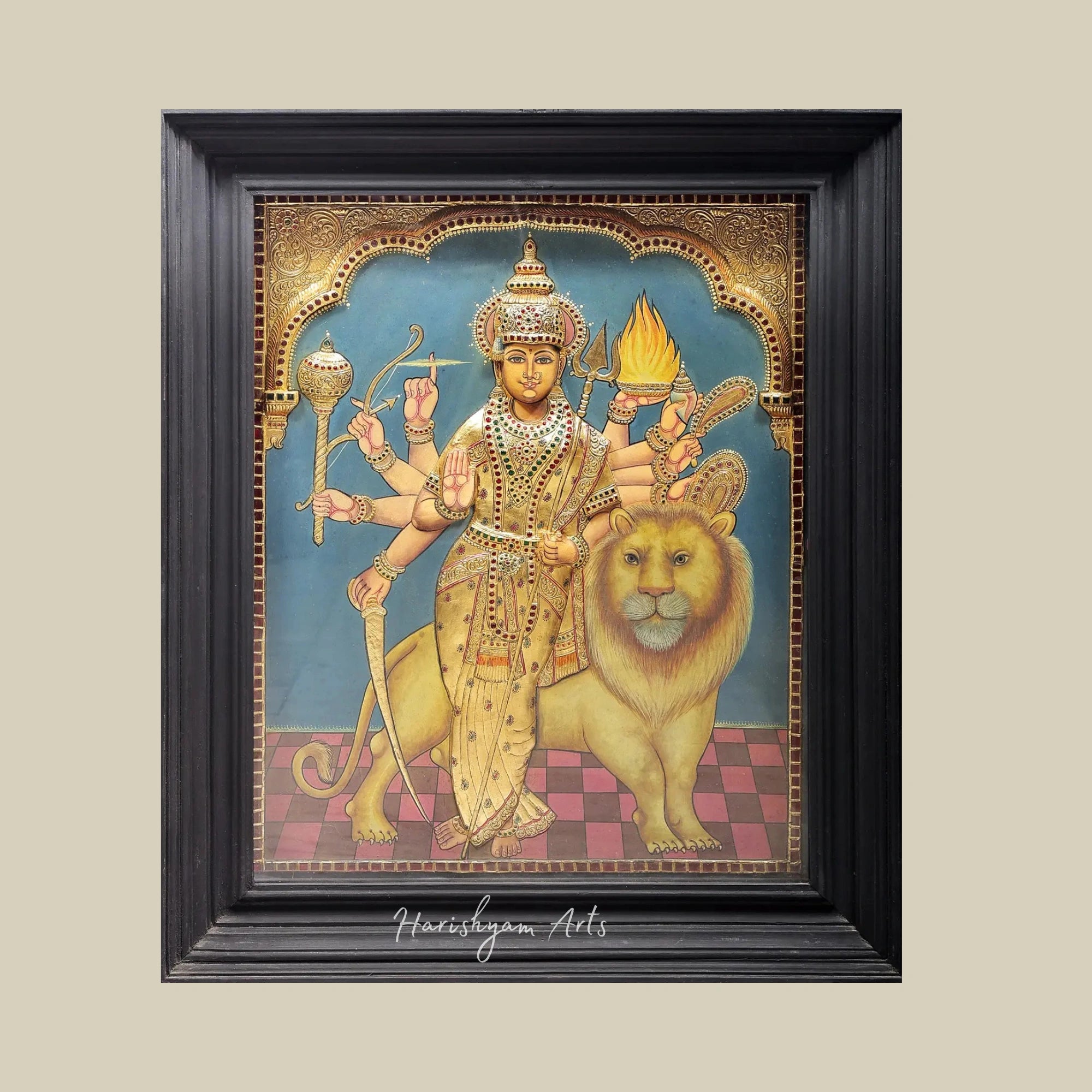 36" Ashtabhuja Durga Tanjore Painting Featuring Rich Colors and Gold Accents