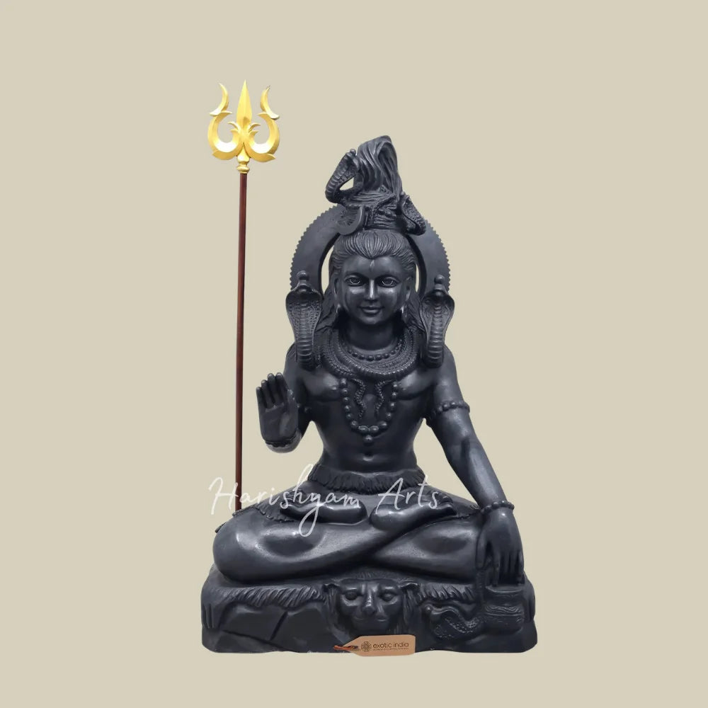 36" Black Marble Lord Shiva Statue in Blessing Pose with Sacred Serpents and Trishul