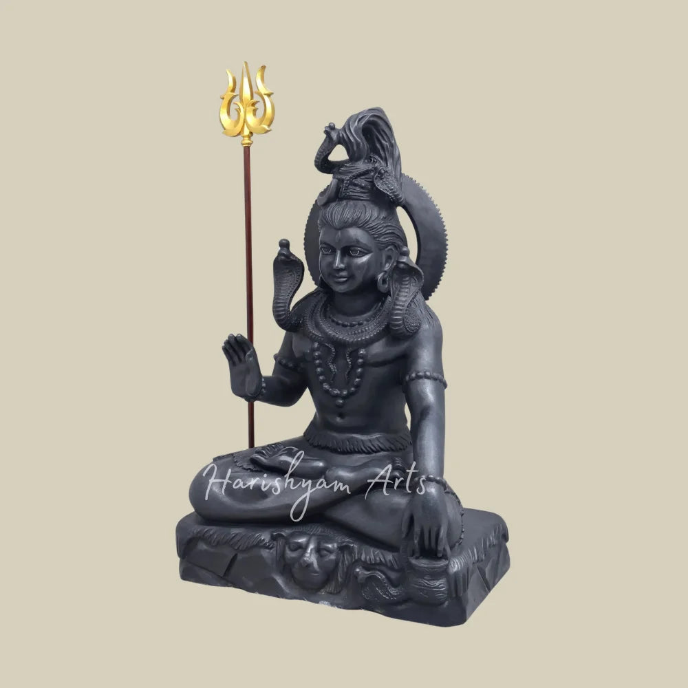 36" Black Marble Lord Shiva Statue in Blessing Pose with Sacred Serpents and Trishul