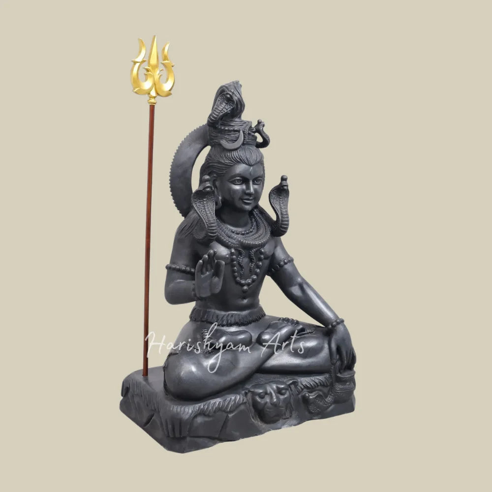 36" Black Marble Lord Shiva Statue in Blessing Pose with Sacred Serpents and Trishul