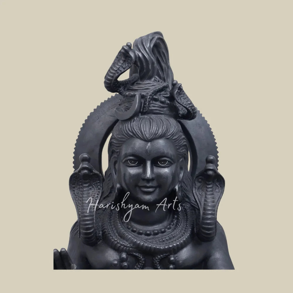 36" Black Marble Lord Shiva Statue in Blessing Pose with Sacred Serpents and Trishul