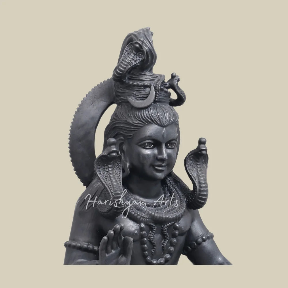 36" Black Marble Lord Shiva Statue in Blessing Pose with Sacred Serpents and Trishul