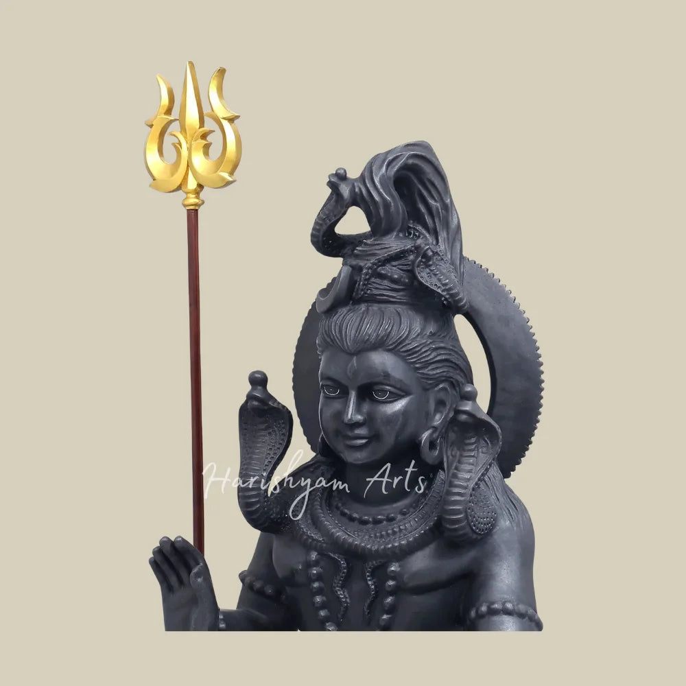 36" Black Marble Lord Shiva Statue in Blessing Pose with Sacred Serpents and Trishul