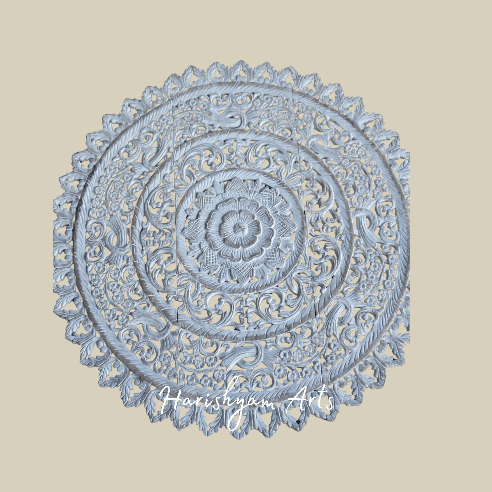 36" Circular Whitewashed Carved Wood Wall Art Hanging