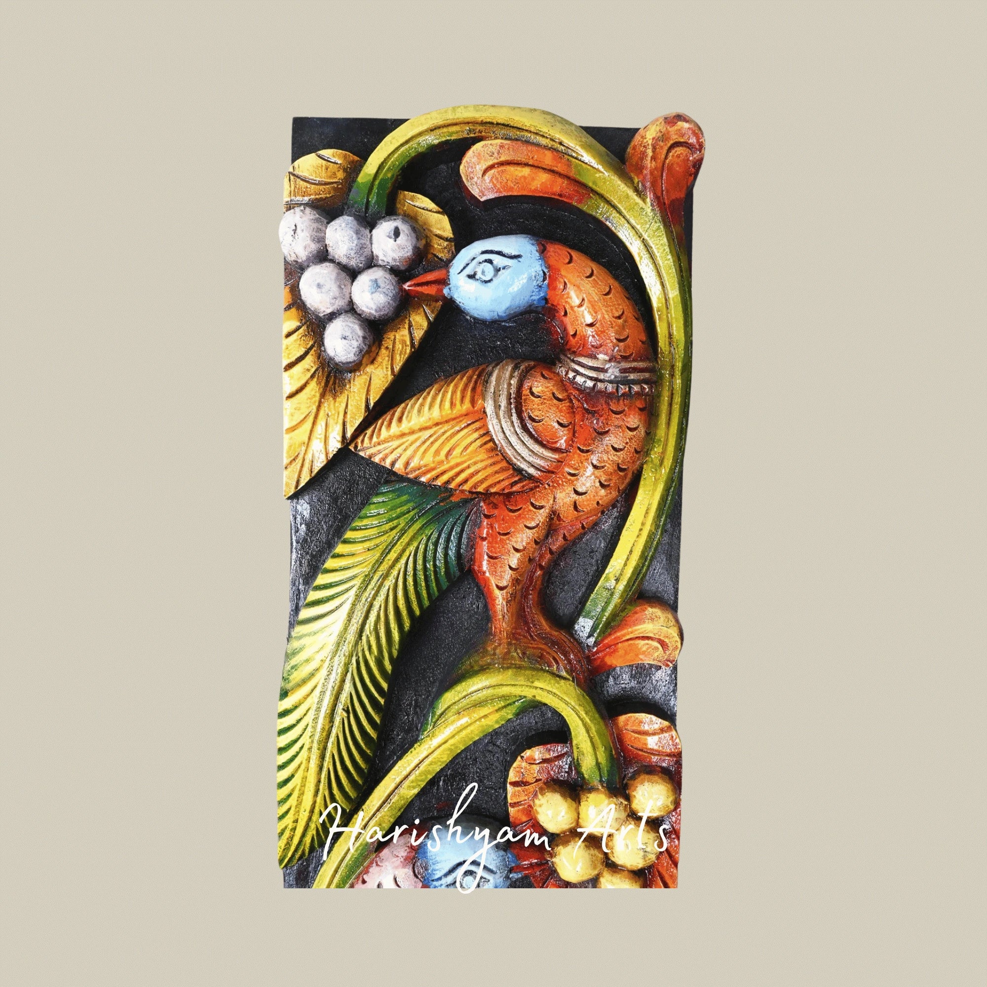 36" Colorful Parrots Feasting on Grapes – Realistic Nature Scene Wooden Wall Panel | Artistic Home Décor