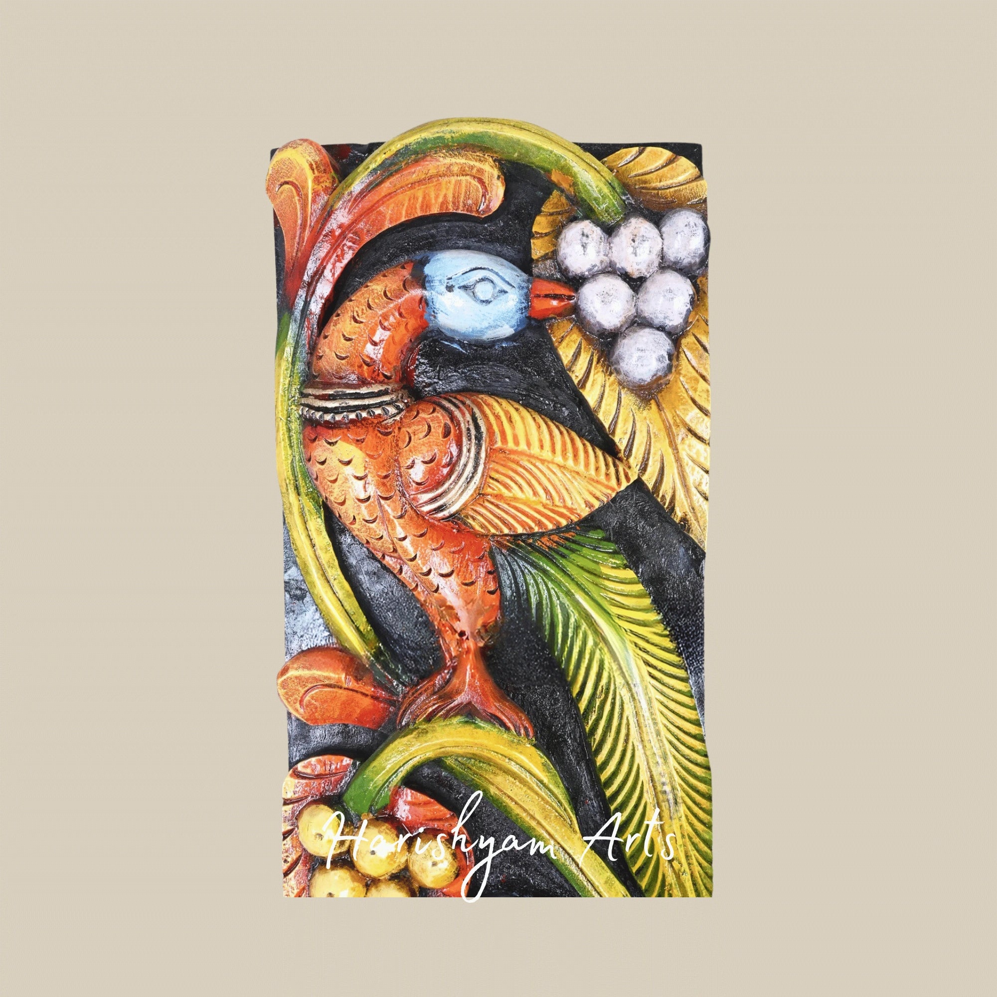 36" Colorful Parrots Feasting on Grapes – Realistic Nature Scene Wooden Wall Panel | Artistic Home Décor