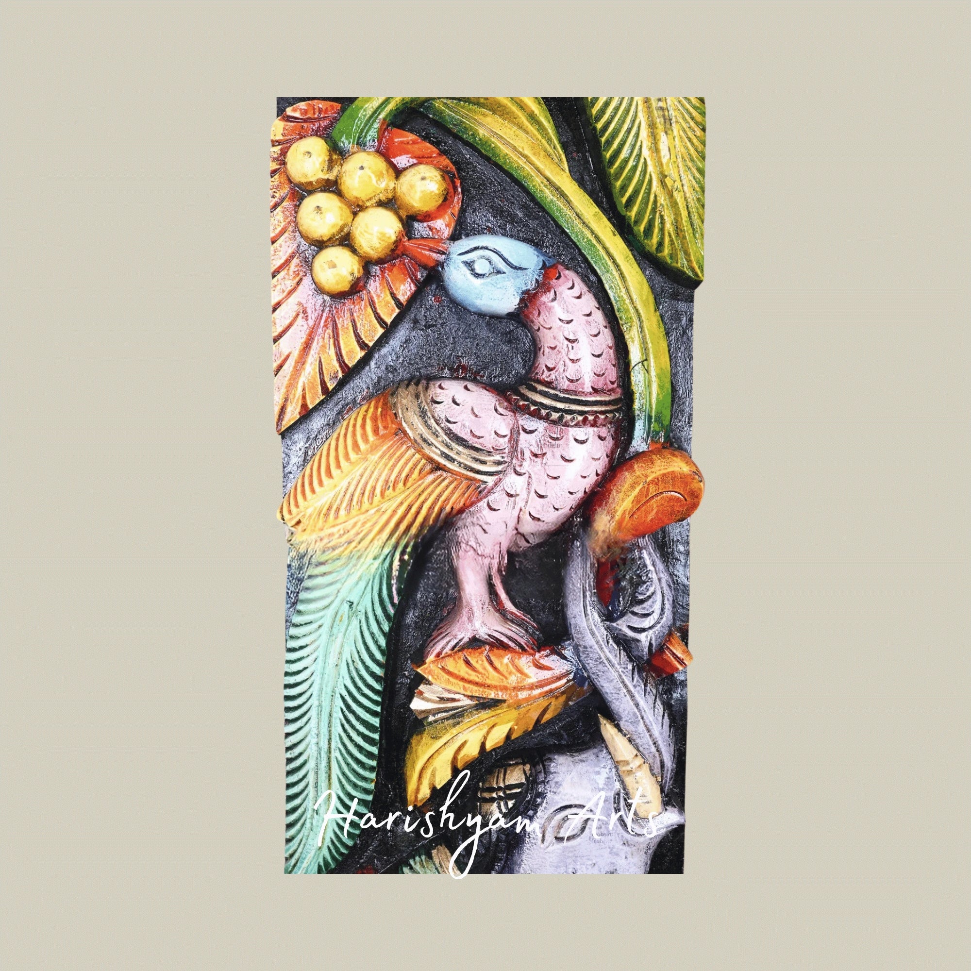36" Colorful Parrots Feasting on Grapes – Realistic Nature Scene Wooden Wall Panel | Artistic Home Décor